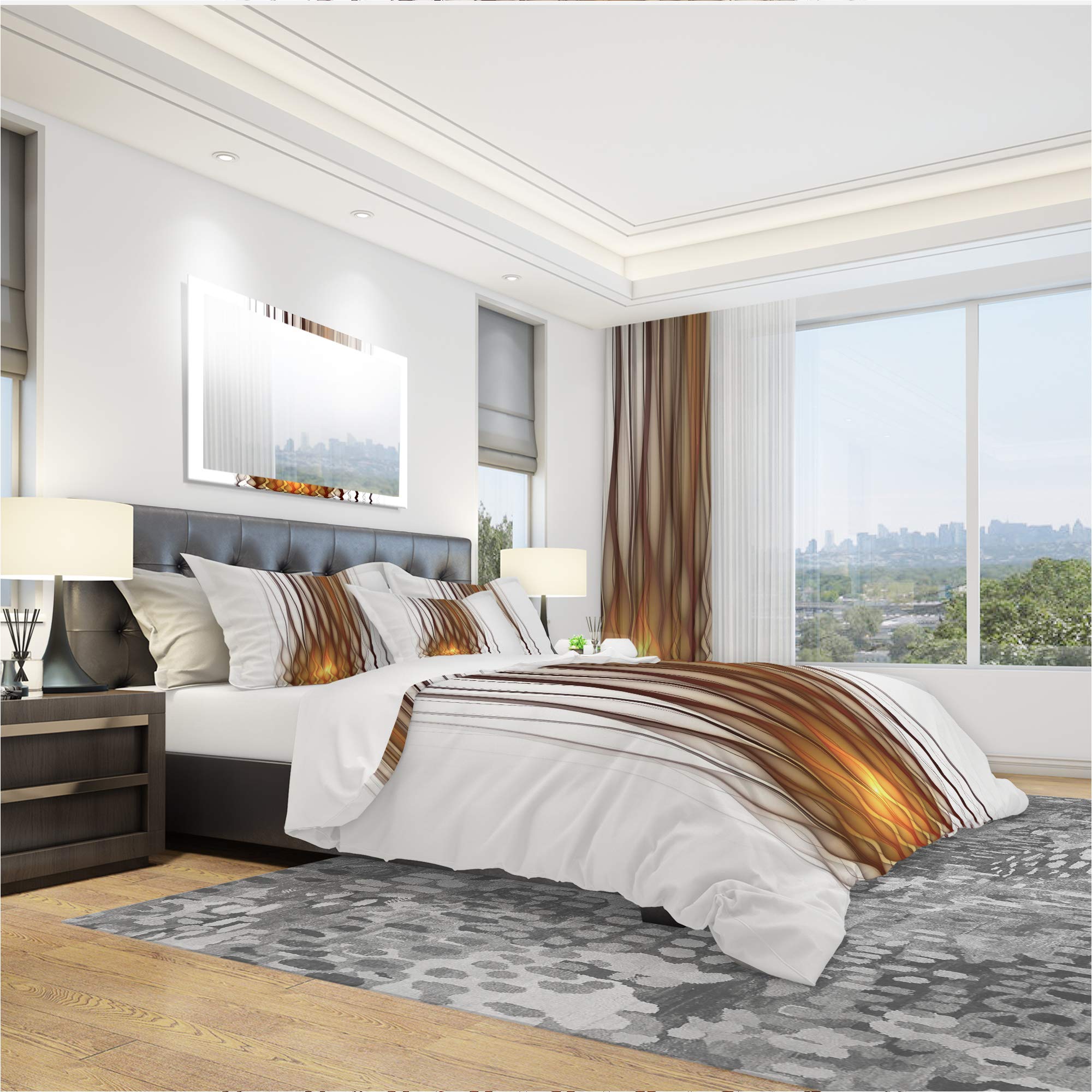 Fractal Flames Duvet Cover Set King - Yellow Abstract Bedding for Modern Bedrooms