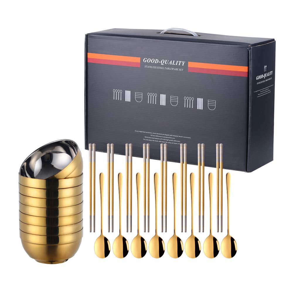 Premium 24-Piece SUS 304 Stainless Steel Bowl Set with Spoon & Chopsticks - 19oz Double-Walled Metal Rice & Cereal Serving Bowls for Restaurants, Home Kitchen, Family, Kids & Adults (Gold) - Ideal for Dining, Meal Prep, Camping & Outdoor Picnics