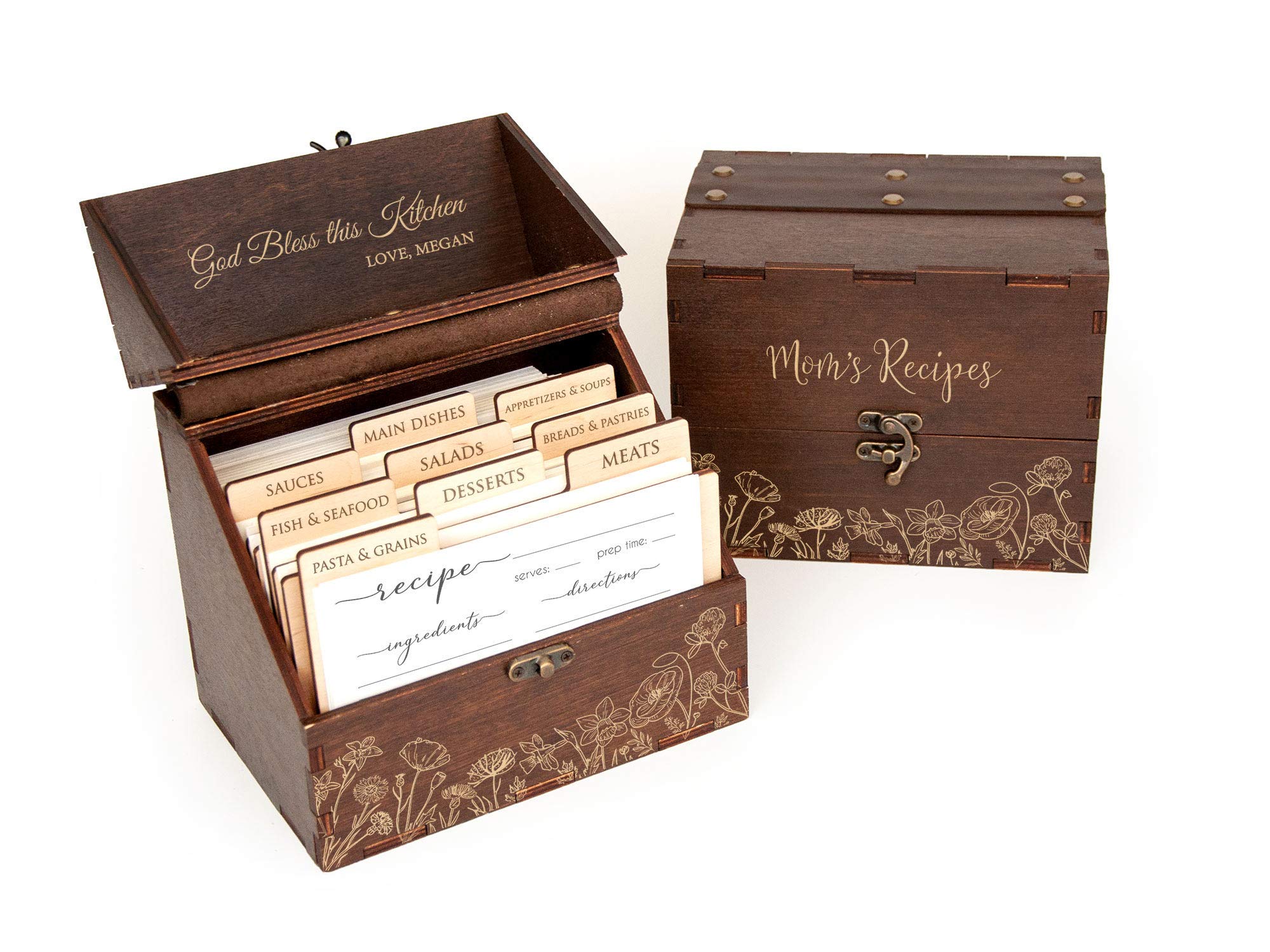 Personalized Wooden Recipe Box with Dividers & Engraved 4x6 Recipe Cards - Custom Kitchen Décor Gift for Mom, Grandmother, Bridal Shower & Wedding - Perfect for Organizing Family Recipes & Handwritten Cooking Traditions