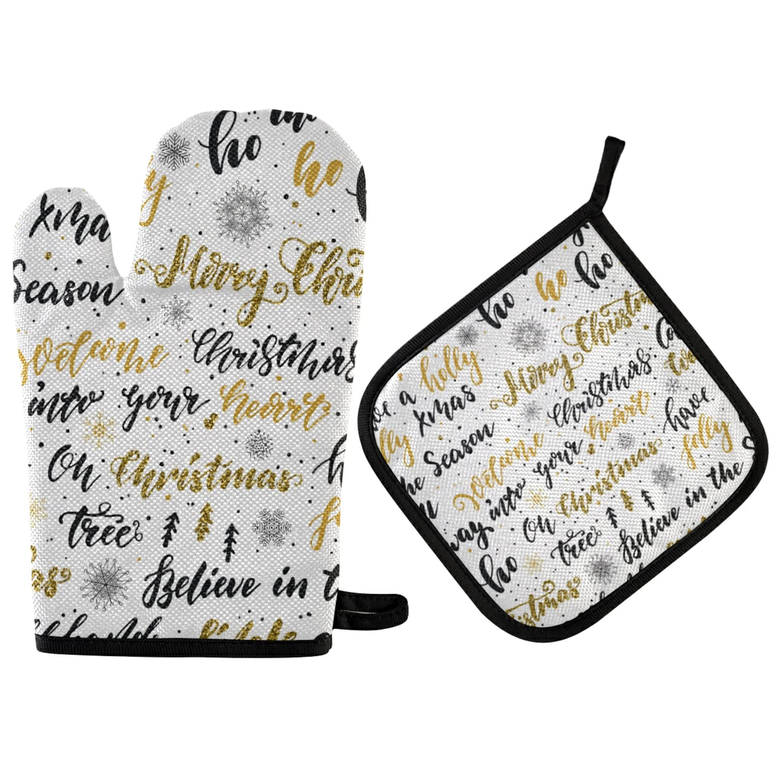 Susiyo Christmas Holly Jolly Oven Mitt and Potholder Set - Heat Resistant BBQ Gloves for Cooking, Grilling & Baking - Perfect Kitchen Accessories for Holiday Baking, Christmas Dinner Prep & Winter Cooking