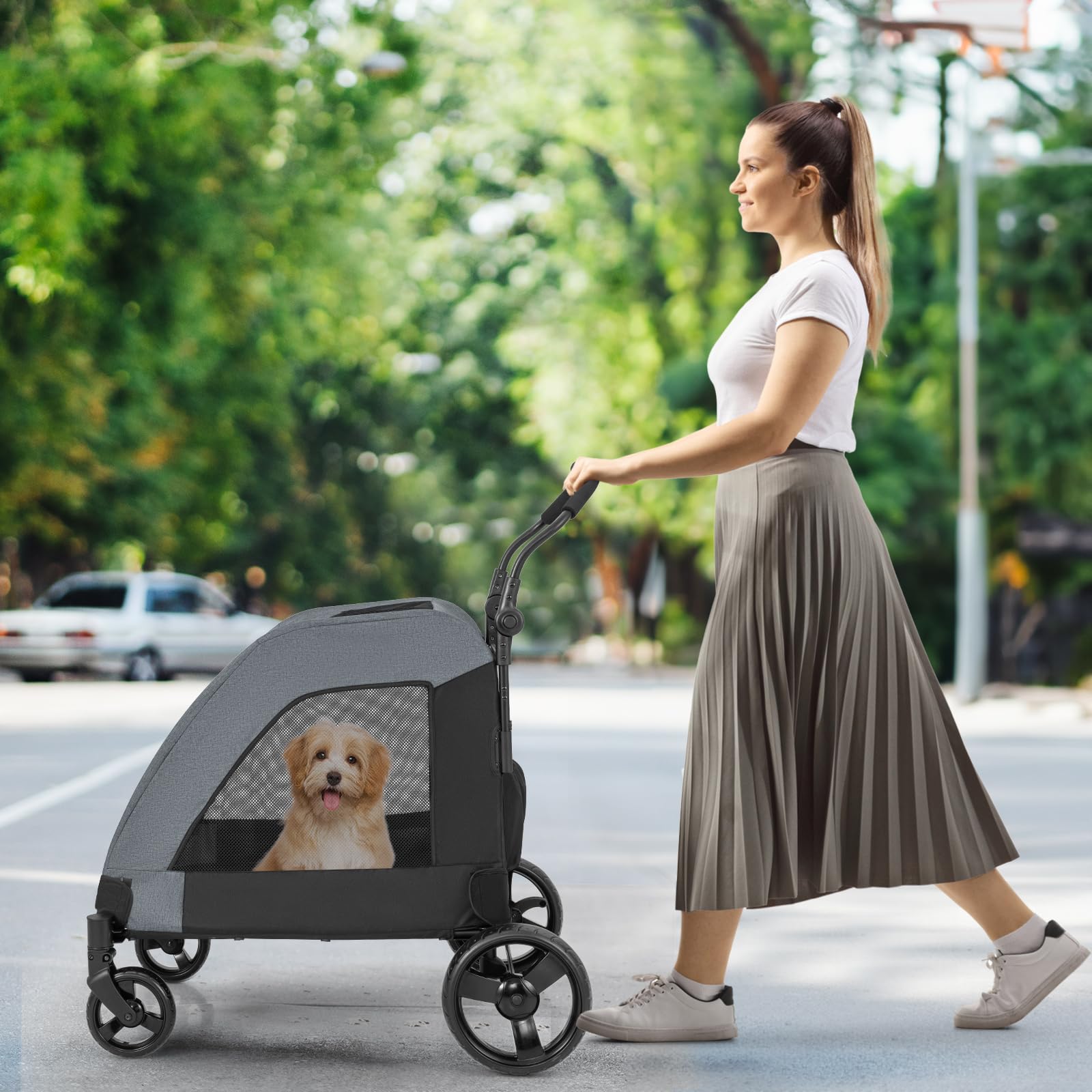 **Giantex Extra Large Dog Stroller for Big Dogs & Cats - Heavy Duty Pet Stroller for Senior Dogs, Safety Belt, Adjustable Handle, Removable Cushion, Foldable Design - Up to 132 lbs (Gray) - Perfect for Jogging, Shopping & Outdoor Adventures**