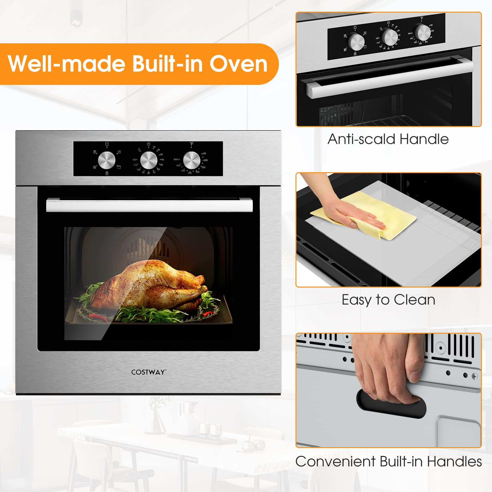 COSTWAY 24 Inch Built-In Electric Wall Oven - 2300W Stainless Steel Single Oven with 2.47 Cu.Ft Capacity, 5 Cooking Modes & 360° Hot Air Circulation - Perfect for Baking, Roasting, and Family Cooking in Modern Kitchens