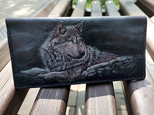 Handmade 3D Genuine Leather Biker Wallet for Men - Custom Engraved & Hand-Painted Long Leather Wallet with Wolf Couple Design - Perfect Gift for Bikers, Travelers & Outdoor Enthusiasts