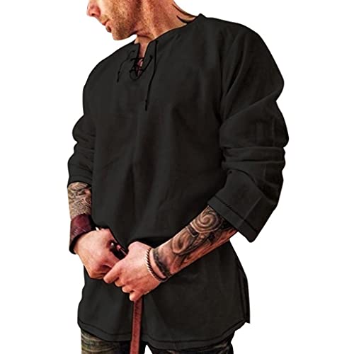 Men's Cotton Linen Shirt - Long Sleeve Loose Fit Bohemian V-Neck Blouse with Lace Up Detail | Perfect for Beach, Yoga, and Casual Wear