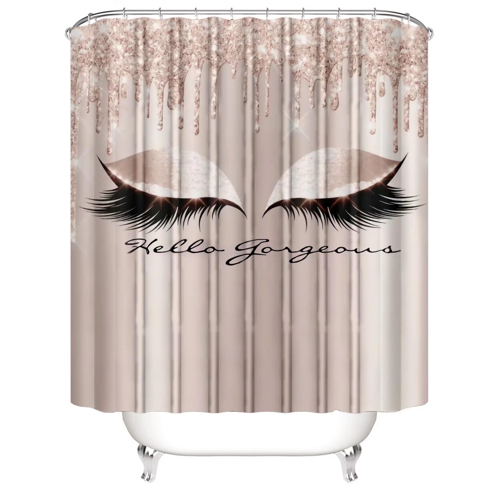 AZHM 4PCS Pink Rose Gold Eyelash Shower Curtain Set - Hello Gorgeous Bathroom Decor with Matching Rugs & Accessories | Elegant Bathroom Upgrade for Women's Spa-Like Shower Experience