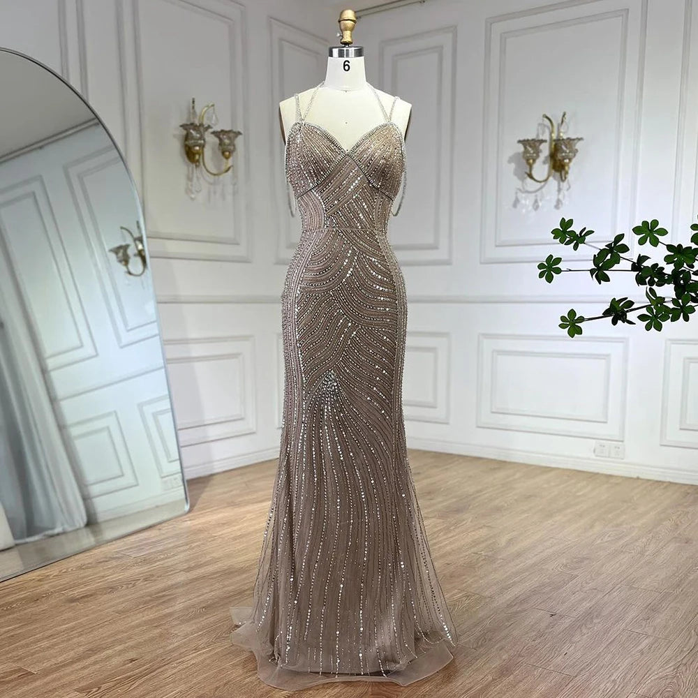 Luxury Beaded Spaghetti Strap Mermaid Evening Dress for Women - Dubai Caramel Bridal Gown for Wedding Party & Special Occasions | Serene Hill LA72501 | Perfect for Red Carpet, Prom & Formal Events