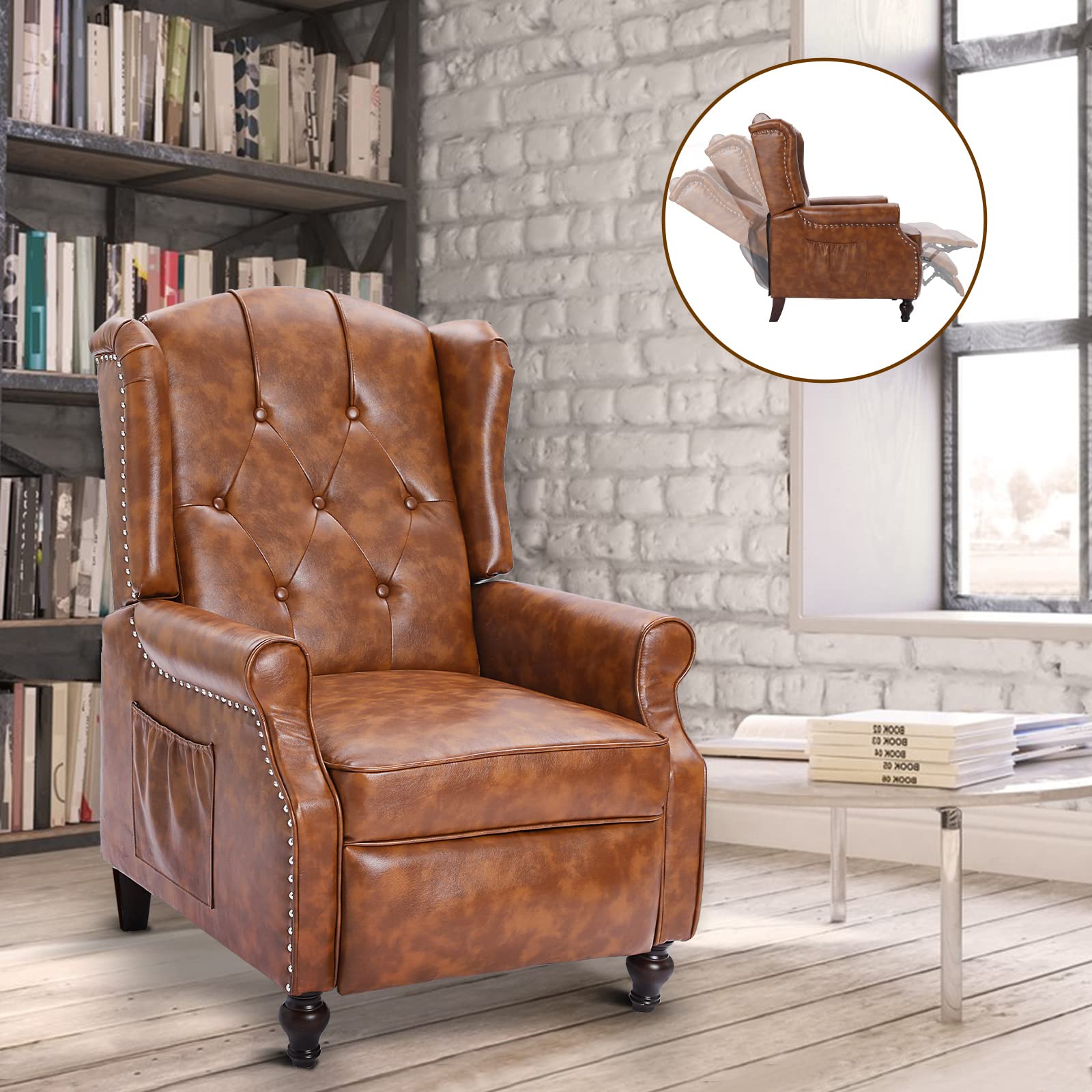 PU Leather Wingback Recliner Chair with Heat & Massage - Home & Office Comfort (Cognac Brown)