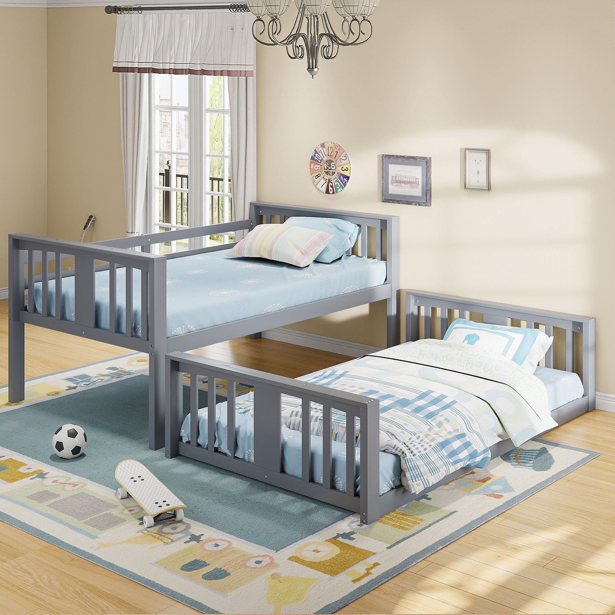 Twin Over Twin Floor Bunk Bed with Ladder - Sturdy Metal Frame Twin Size Bunk Bed for Kids & Teens - No Box Spring Needed - Perfect for Small Bedrooms, Dorms & Guest Rooms