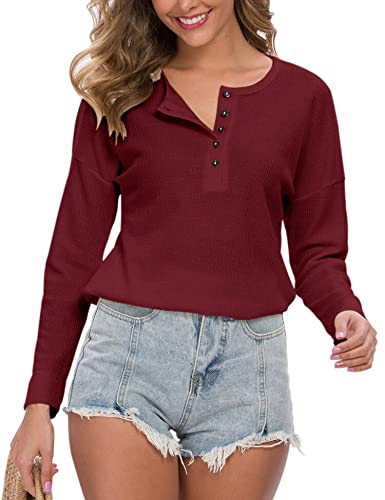 MOLERANI Women's Waffle Knit Tunic Top - Long Sleeve Loose Fit Button Up V-Neck Henley Shirt for Casual Wear, Office & Fall Outfits