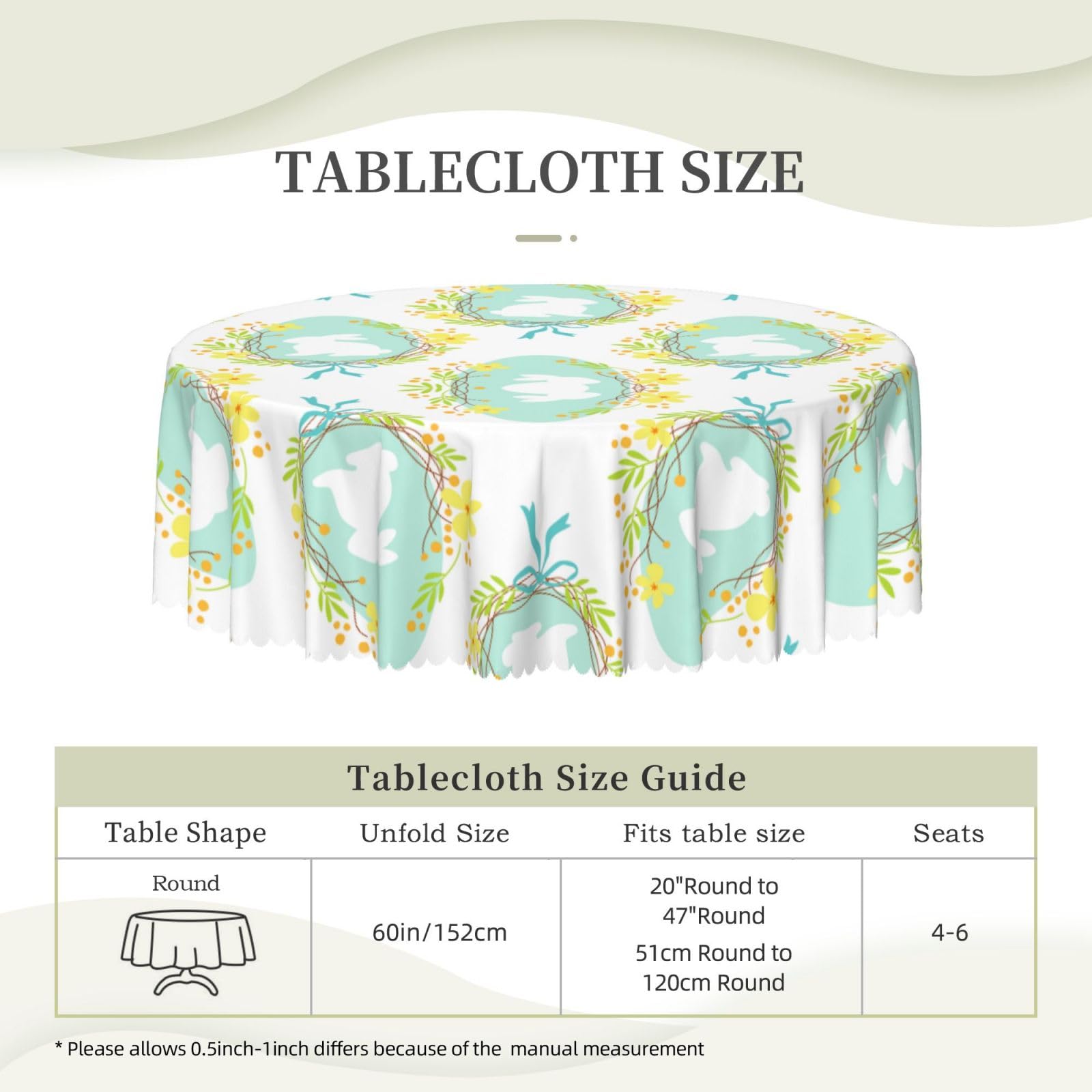 Waterproof Round Tablecloth 60 Inch - Cute Easter Bunny & Spring Flowers Design, Washable Circular Table Cover for Dining, Kitchen, Party | Indoor & Outdoor Use for Easter, Spring Celebrations & Daily Dining