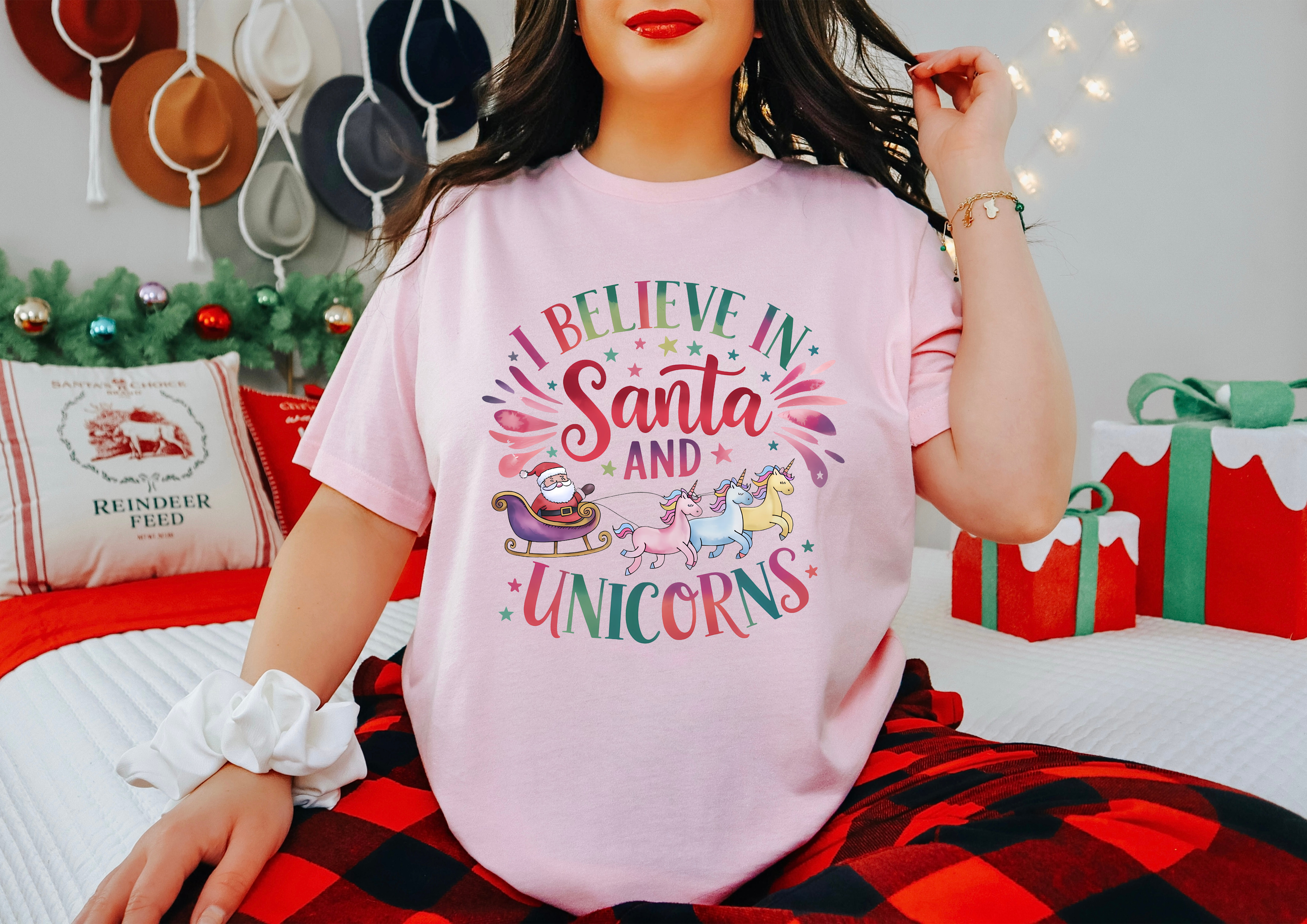 I Believe in Santa and Unicorns T-Shirt - Christmas Holiday & Fantasy Graphic Tee - Available in Multiple Colors - Perfect for Gifts, Parties & Festive Outfits