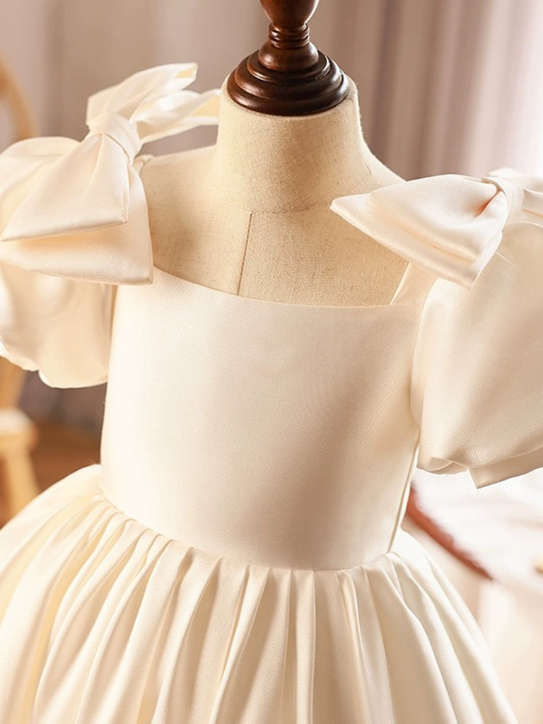 Elegant A-Line Puff Sleeves Satin Flower Girl Dress in Beige - Perfect for Weddings, Baptisms & Special Occasions