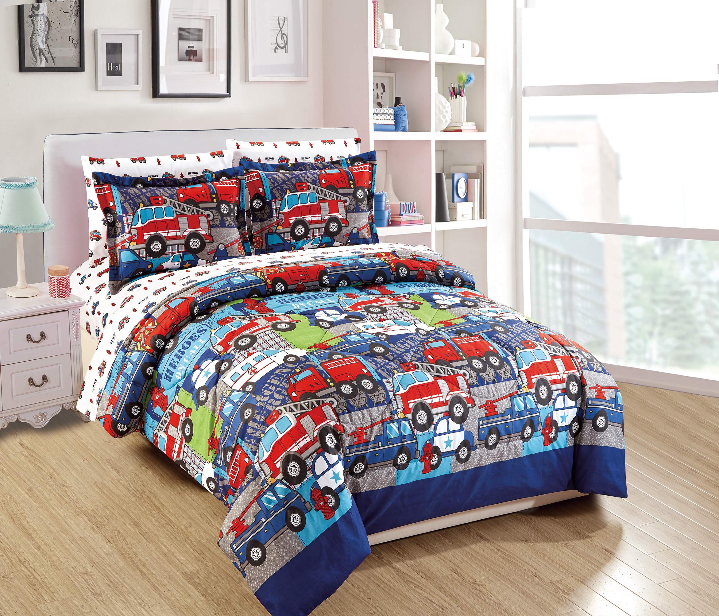 Kids Comforter Set - Firefighter, Police Car, Ambulance & Fire Truck Themed Bedding in Navy Blue, Red, White & Grey | Perfect for Boys' & Girls' Bedrooms, Daycare or Themed Birthday Parties