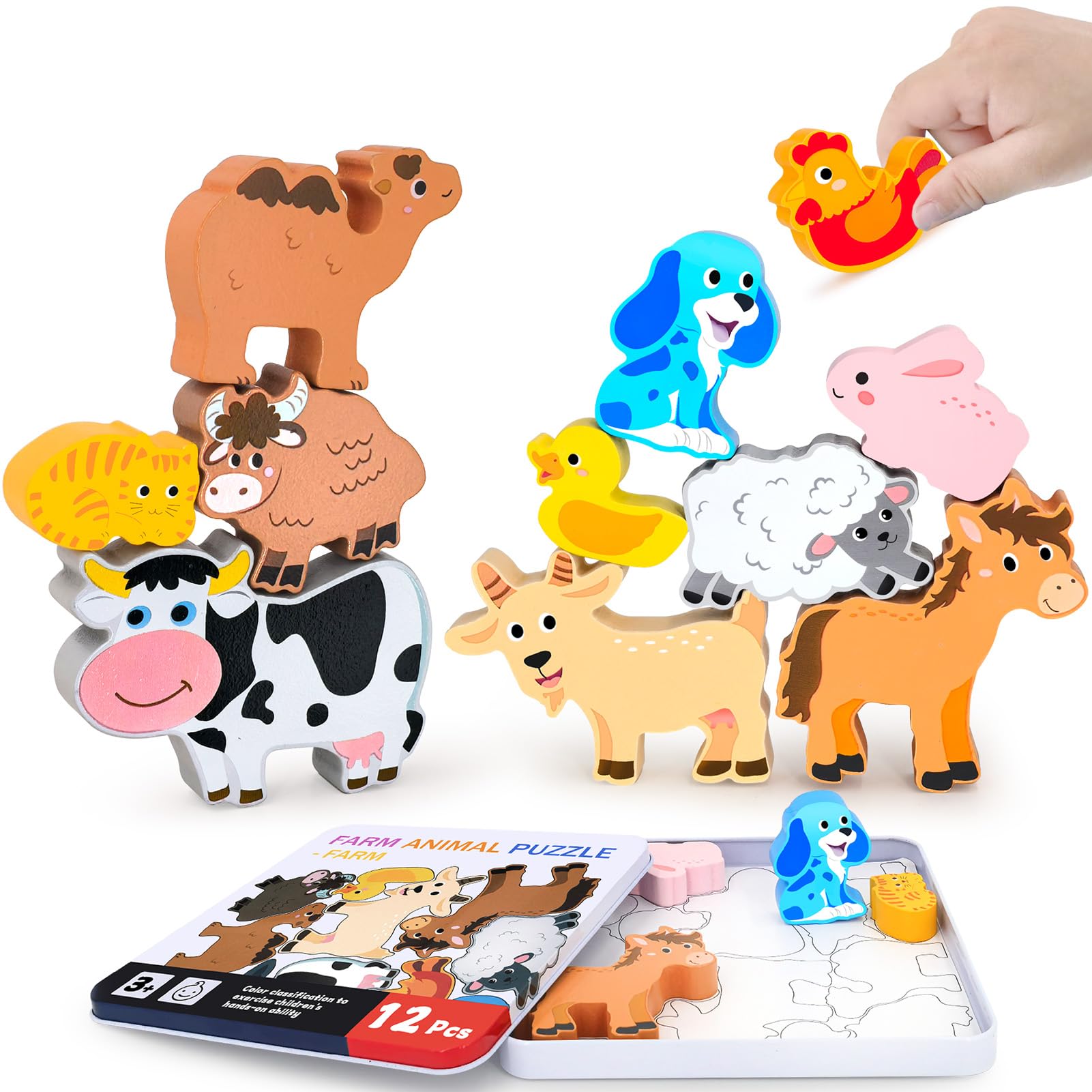 Wooden Animal Puzzles for Toddlers - 12 Pcs Farm Animal Figures, Montessori Matching & Stacking Learning Toys for Boys & Girls Ages 1-3 | Educational Gift for Kids | Perfect for Preschool Classroom, Birthday Party Favors & Early Childhood Development