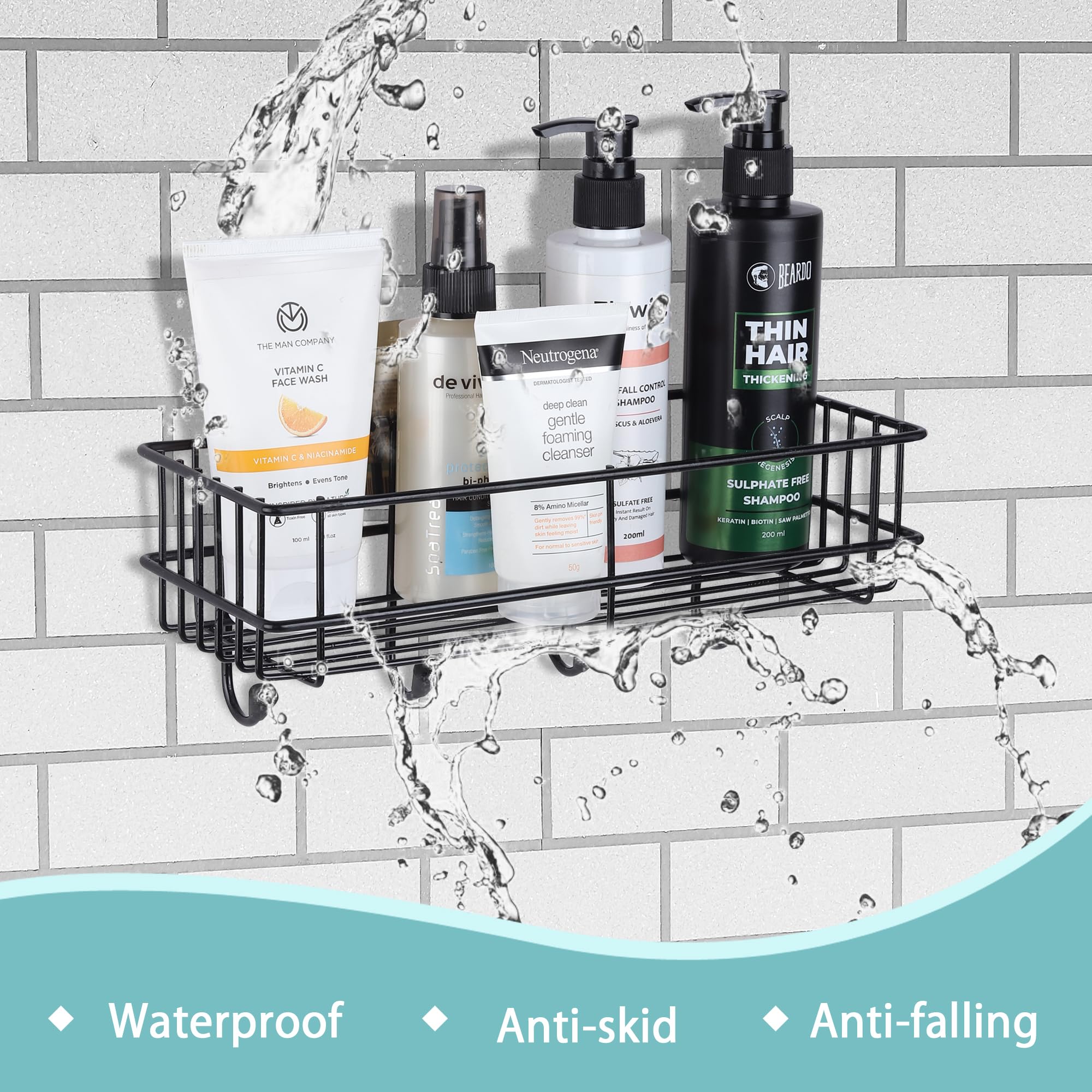 WolChen Adhesive Shampoo & Soap Holder Shelf - Wall Mount Bathroom & Kitchen Storage Organizer, Black Mild Steel - Perfect for Small Spaces, Showers, and Closet Organization