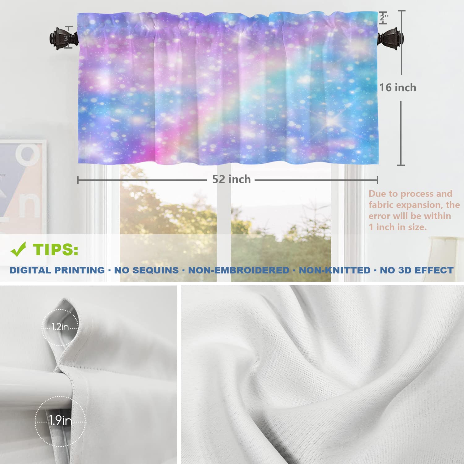 Shrahala Pastel Rainbow Unicorn & Glitter Stars Kitchen Valance - 52x16 Inch Galaxy Fantasy Window Curtain for Kitchen Decor | Perfect for Half Windows, Dorm Rooms & Nursery Decor