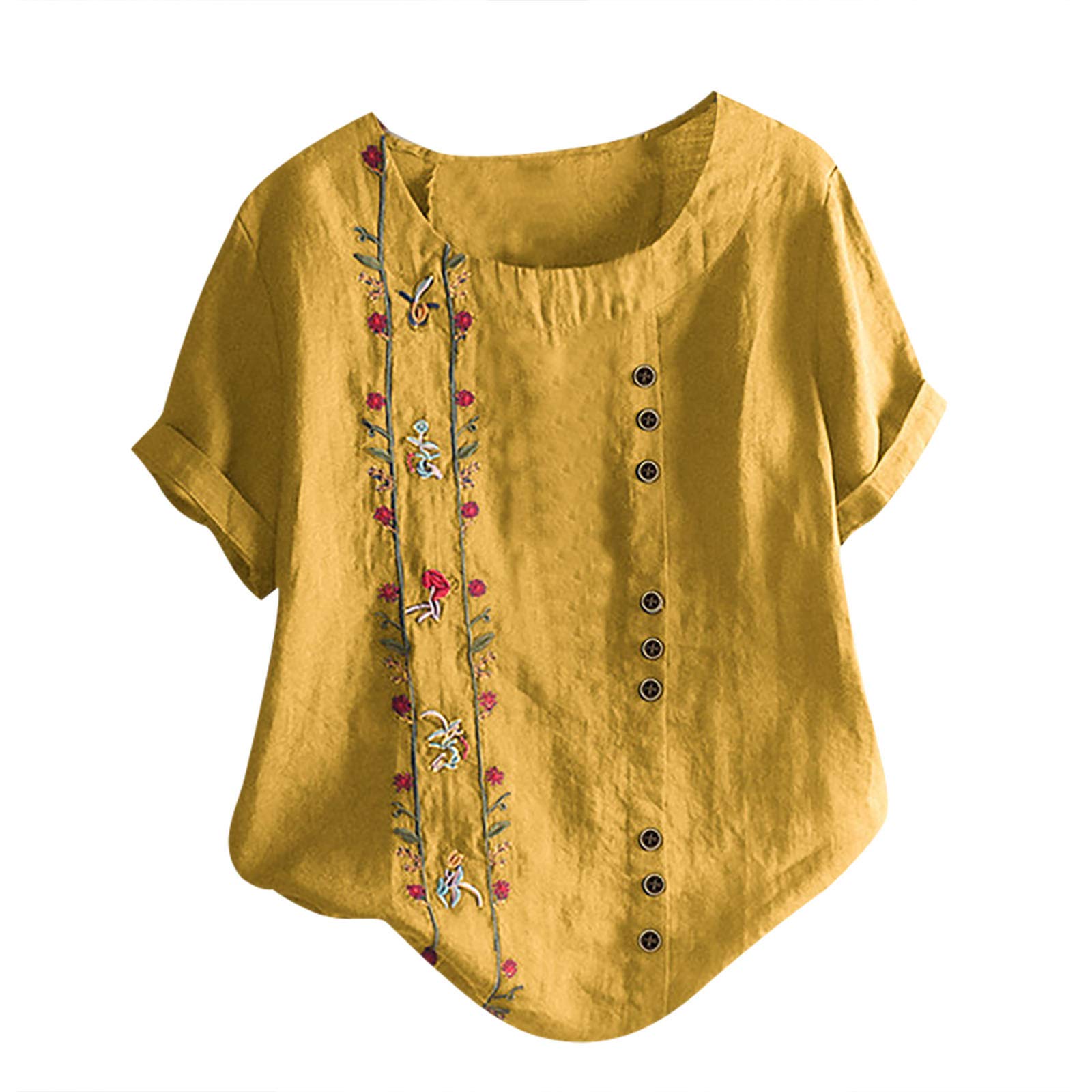 Women's Fitness Shirts - Cotton Linen Blend Casual Loose Fit Floral Printed T-Shirts (Pack of 3) - Perfect for Yoga, Gym Workouts & Summer Outdoor Activities