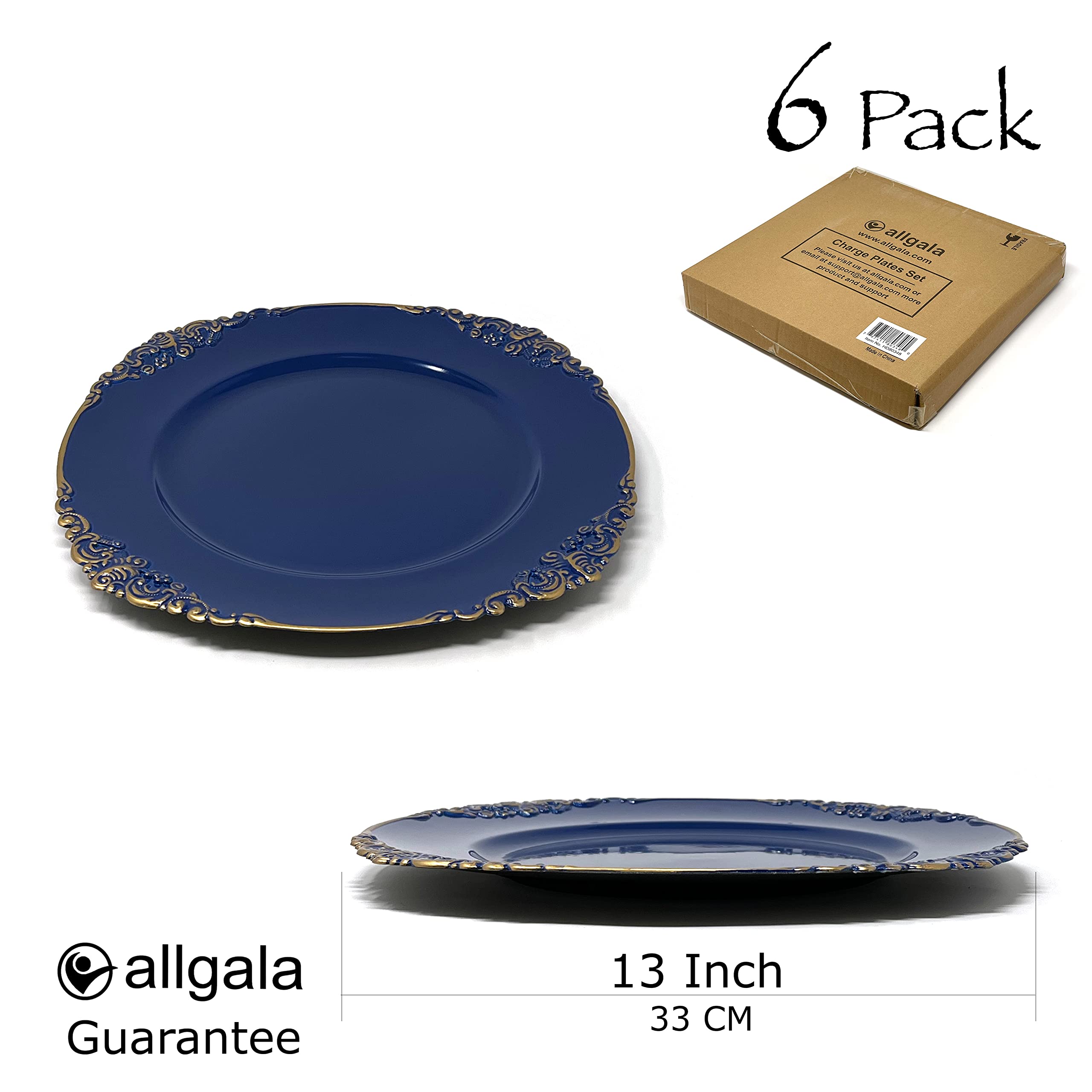 Premium 13-Inch Heavy Duty Round Charger Plates Set of 6 - Elegant Floral Royal Blue Dinner Plates for Wedding, Thanksgiving & Holiday Table Decor - Perfect for Formal Dining, Buffet Service & Special Occasions
