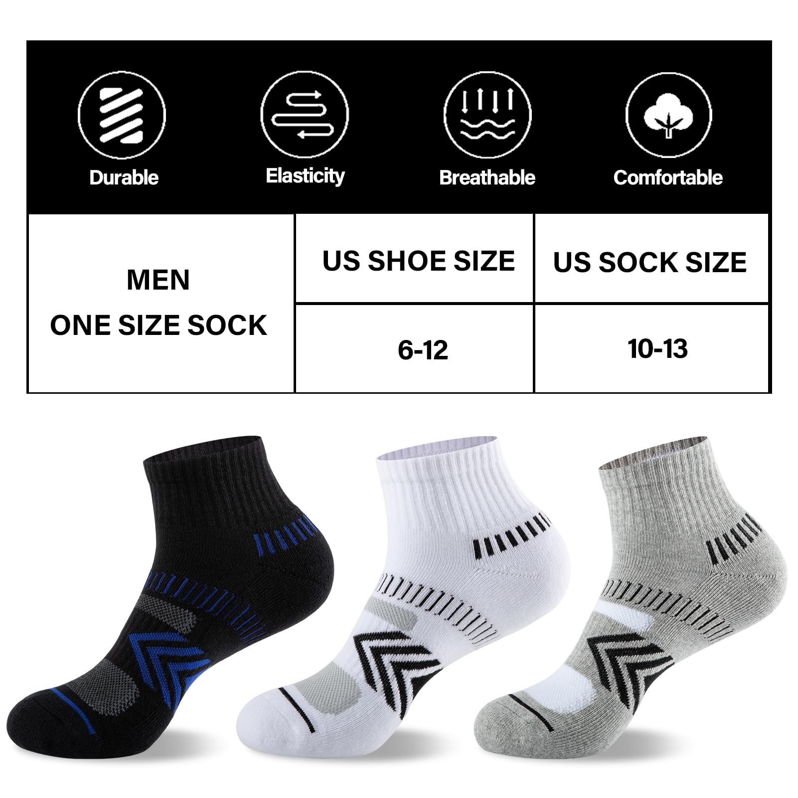COOPLUS Men's Cushioned Ankle Socks - Breathable Cotton Athletic Performance Quarter Socks for Running, Gym & Sports - Pack of 6 Pairs