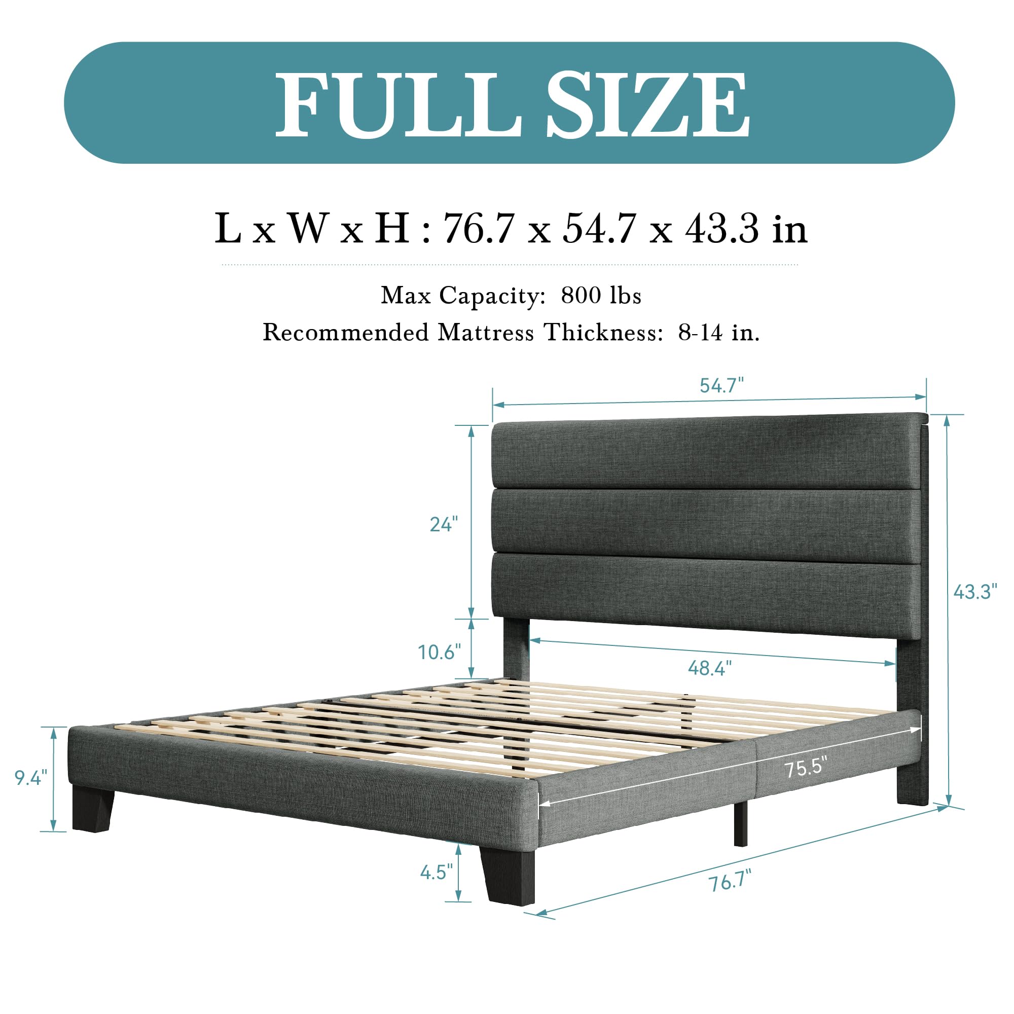 HOOMIC Full Size Bed Frame with Headboard - Dark Grey Upholstered Platform Bed with Wood Slat Support | No Box Spring Needed | Sturdy Mattress Foundation for Master Bedroom, Guest Room & Dorm