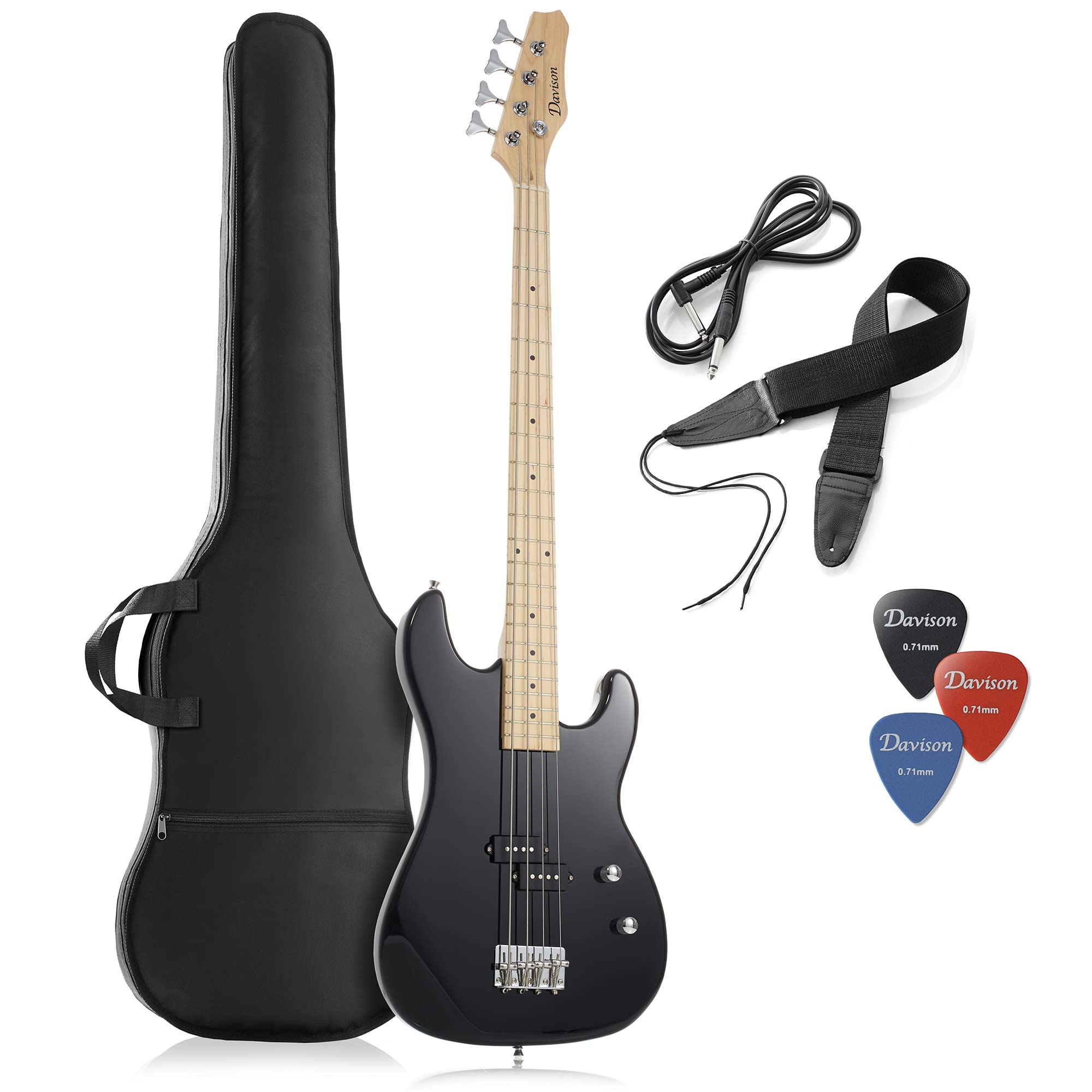 Davison 4 String Electric Bass Guitar for Beginners - Full Size Right Handed Bass with Gig Bag, Strap, Picks & Accessories (Black) | Perfect for Practice, Performances & Recording Studios