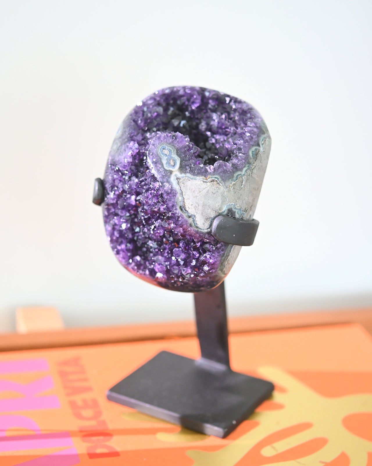 Natural Amethyst Crystal Geode on Wooden Stand - 3.8lbs Healing Stone for Home Decor, Meditation & Spiritual Gifts | Perfect for Living Room, Office & Yoga Space