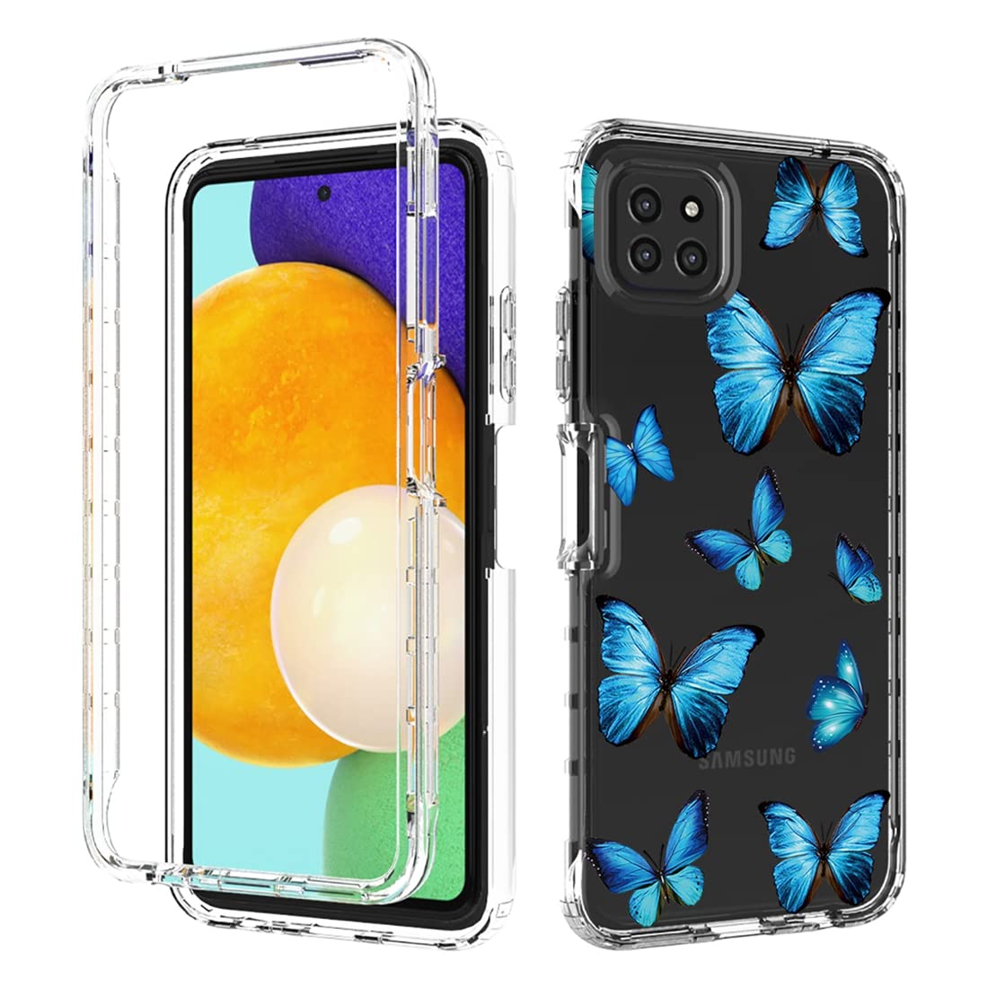 Samsung Galaxy A22 5G Case with Tempered Glass Screen Protector - Clear Butterfly Pattern Full Body Protective Cover for SM-A226B/A22S 5G (Blue Butterfly) | Perfect for Everyday Use, Travel & Outdoor Activities