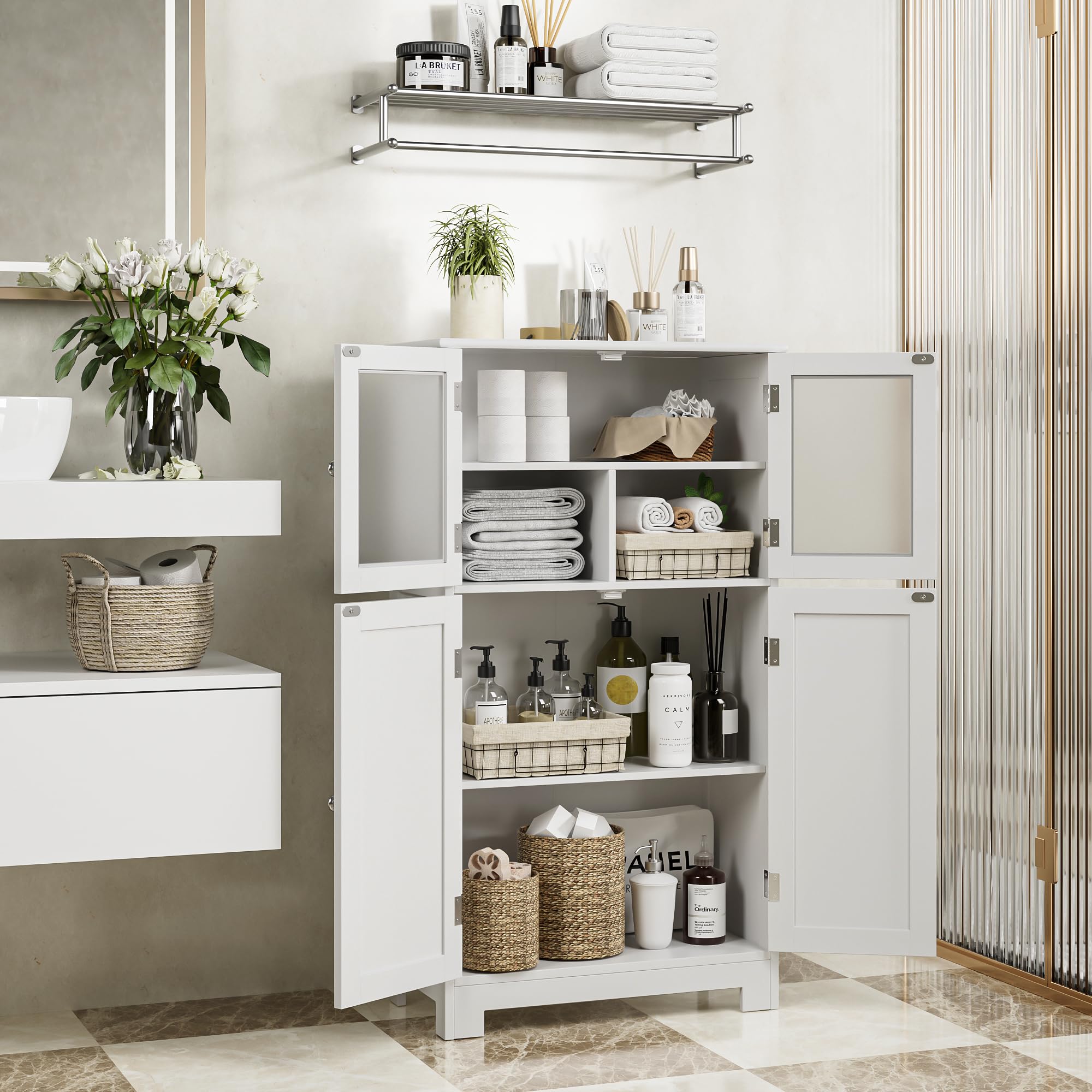 White Freestanding Bathroom Storage Cabinet with Adjustable Shelves & Glass Doors - Modern Floor Cabinet for Bathroom, Living Room & Home Office Organization