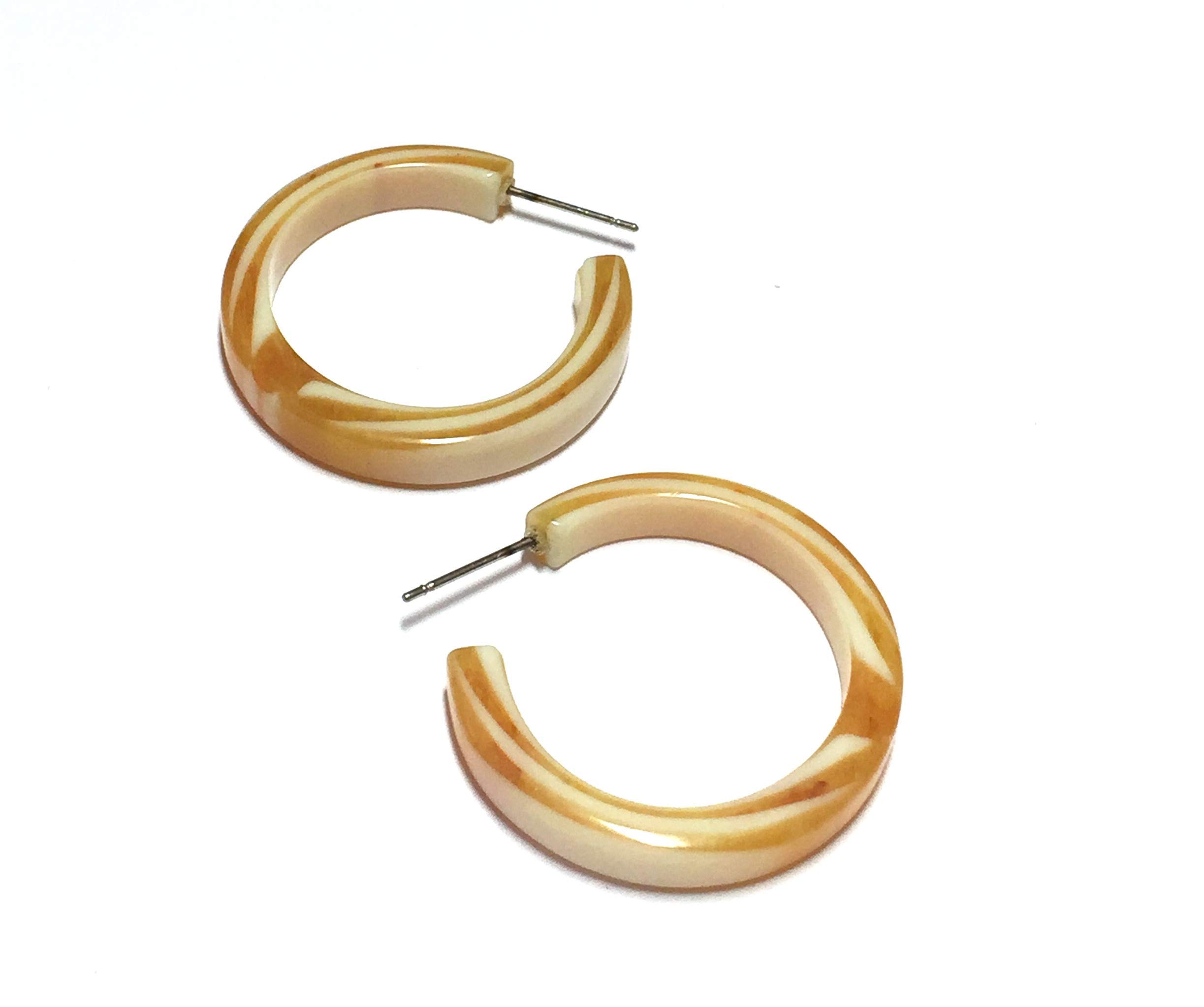 Vintage Yellow and Cream Striped Marbled Lucite Hoop Earrings for Women - Retro 1950s Pin Up Style Jewelry - Perfect for Parties, Weddings & Everyday Wear