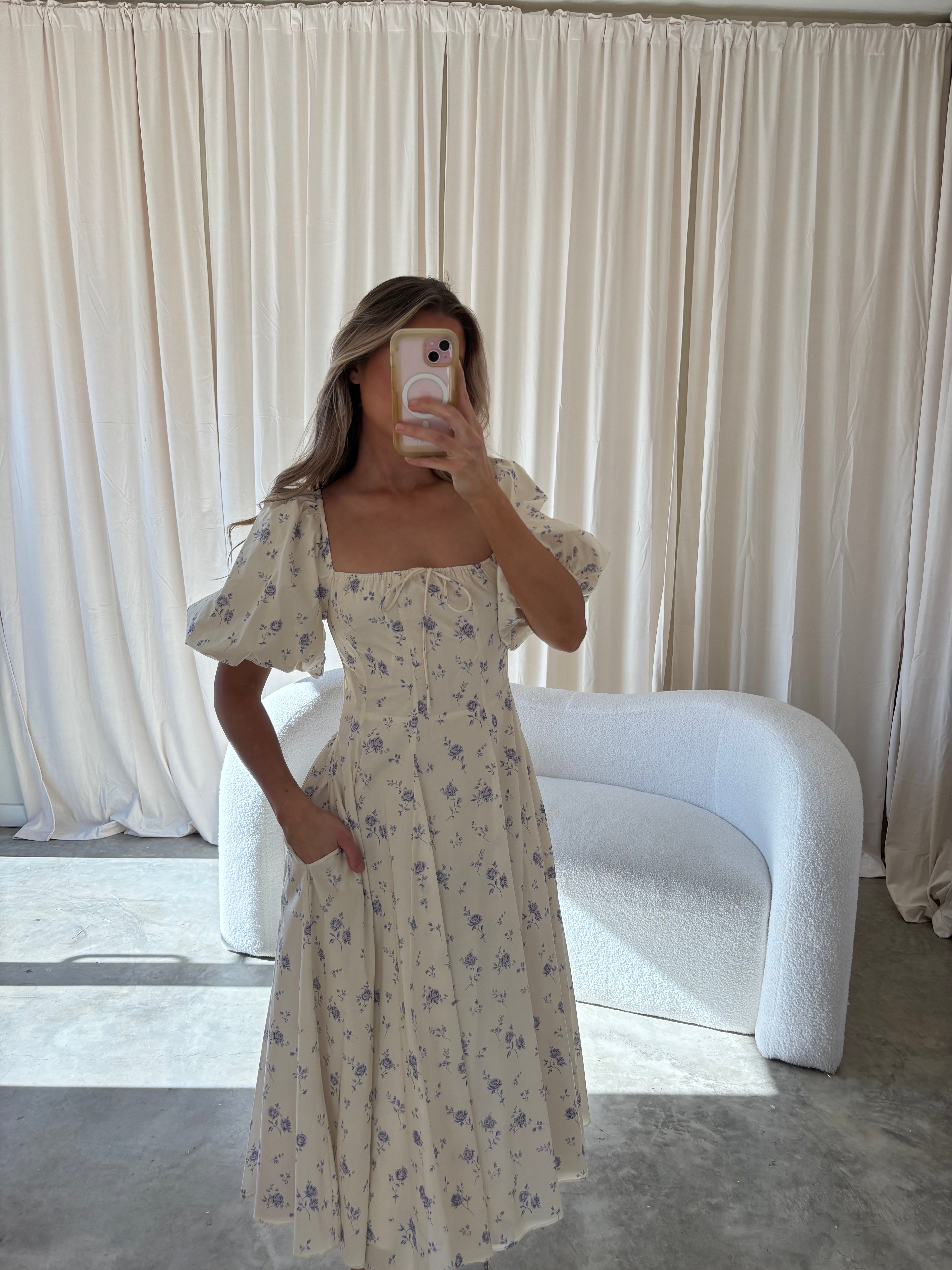 Olivia 100% Cotton Floral Print Midi Dress - Ivory Summer Dress for Women | Perfect for Beach Vacation, Garden Party & Casual Outings