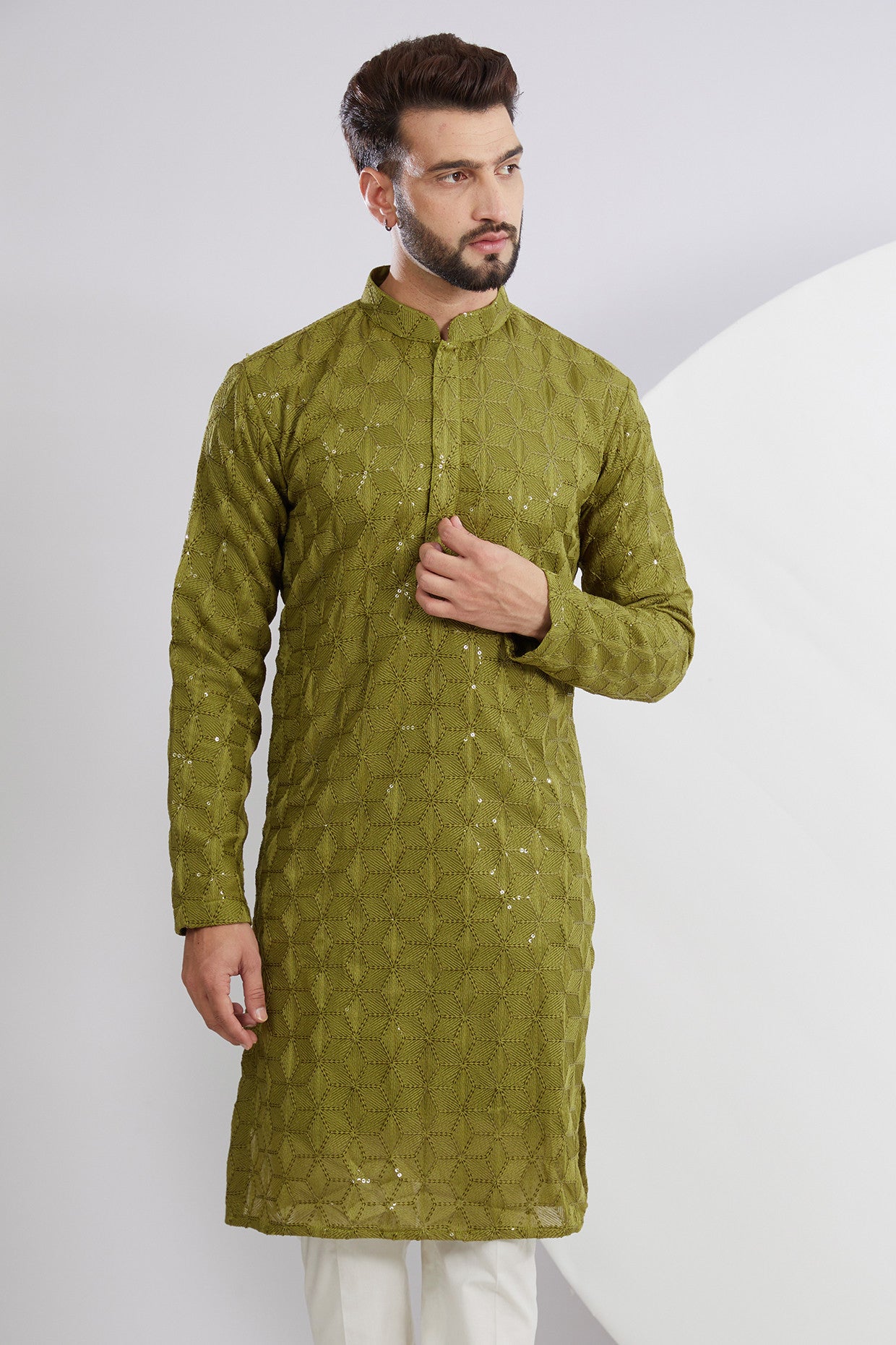 Stylish Mehndi Green Geometrically Embroidered Kurta for Women | Traditional Indian Ethnic Wear | Perfect for Festivals, Weddings & Casual Outings