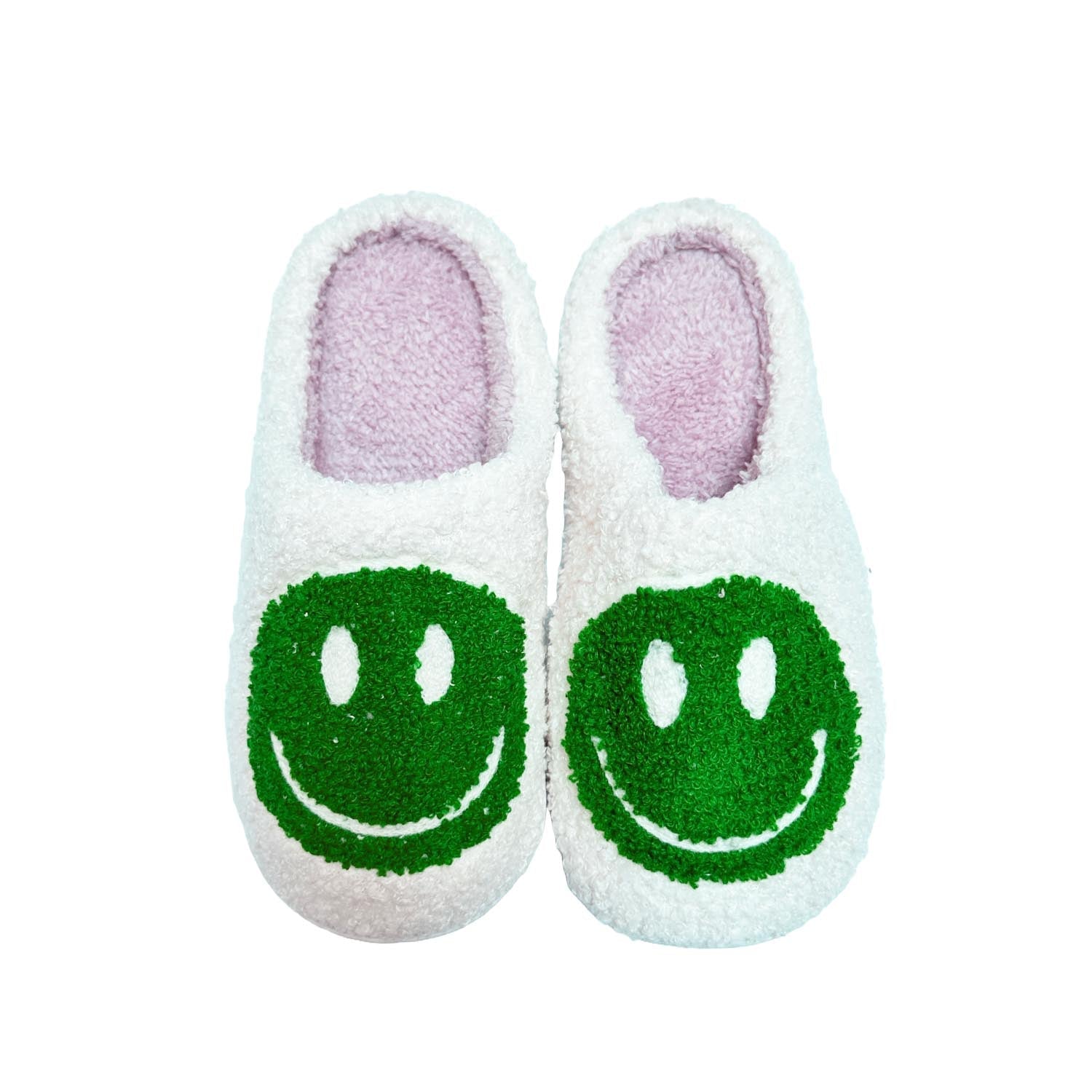 FLOOF Green Fluffy Smiley Face Slippers - Cozy Home & Indoor Shoes for Women & Men - Perfect for Relaxing, Lounging & Gift Giving