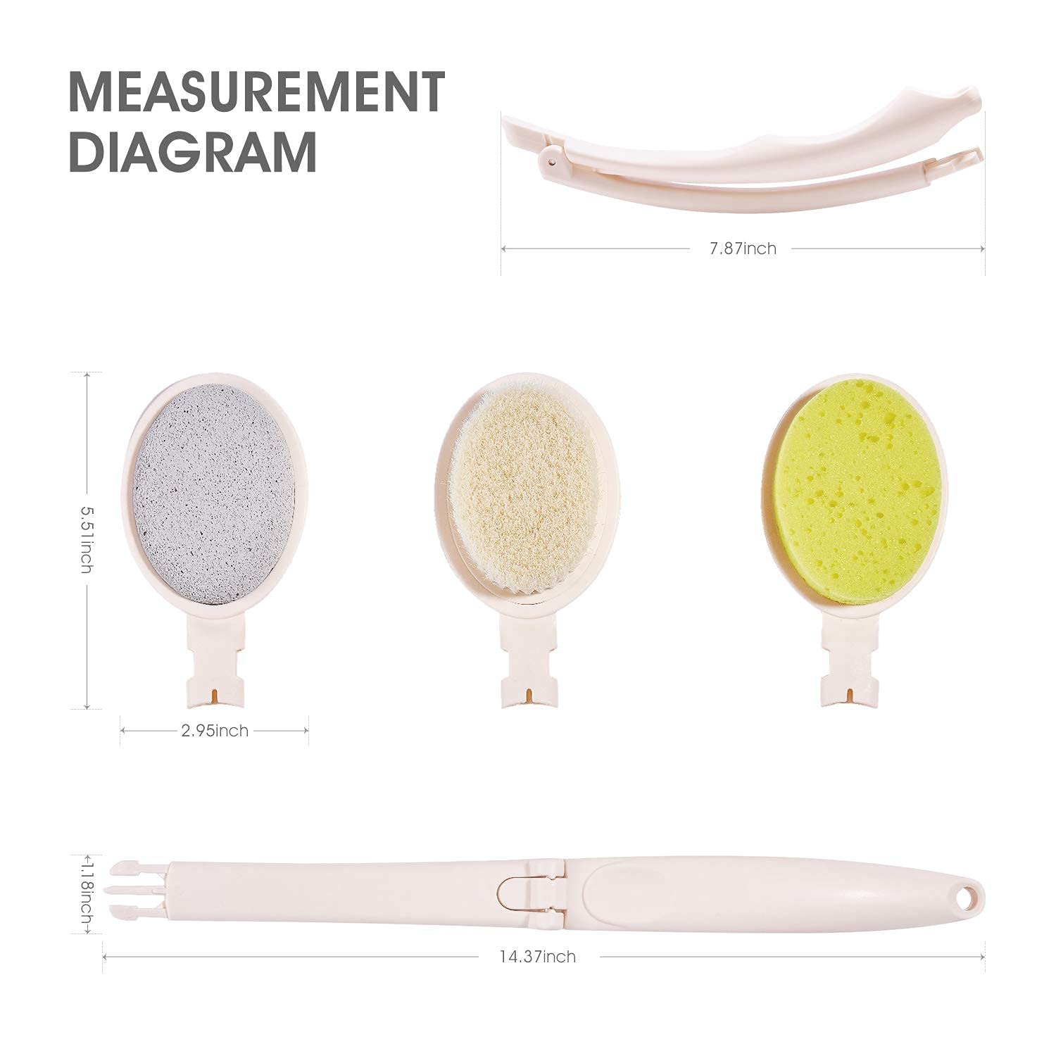 Maioule 3-in-1 Bath Body Brush Set with Long Anti-Mildew Handle, Double-Sided Bath Gloves, Exfoliating Sponge & Pumice Head - Perfect for Shower, Back Scrub, Dry Brushing & Skin Exfoliation