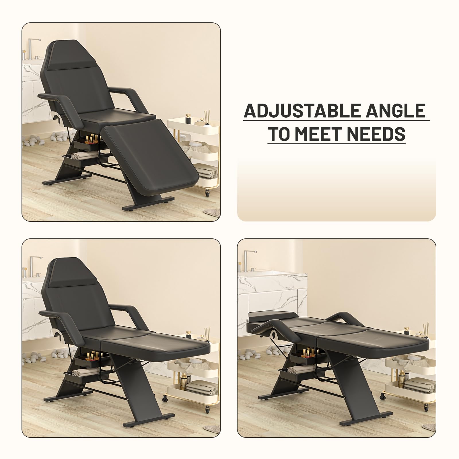 Professional Esthetician Bed & Tattoo Chair - Heavy Duty 440 lbs Capacity Facial, Lash & Spa Treatment Chair with 2 Storage Racks | Multi-Purpose Beauty Salon Furniture for Tattoo Artists, Estheticians & Cosmetologists | Perfect for Tattoo Studios, Beauty Salons & Spa Centers (Black, 10