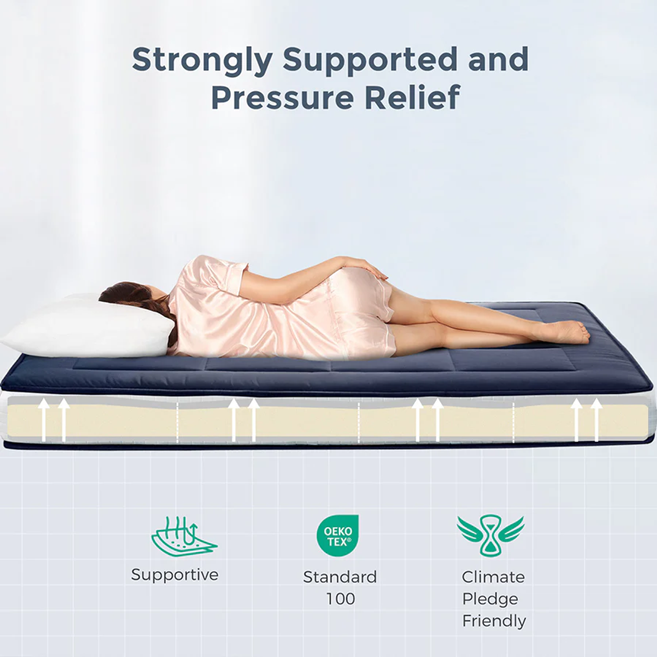MAXYOYO Japanese Floor Futon Mattress - Thick Padded & Portable Navy Blue Floor Bed for Guest Room, Dorm, Camping & Travel