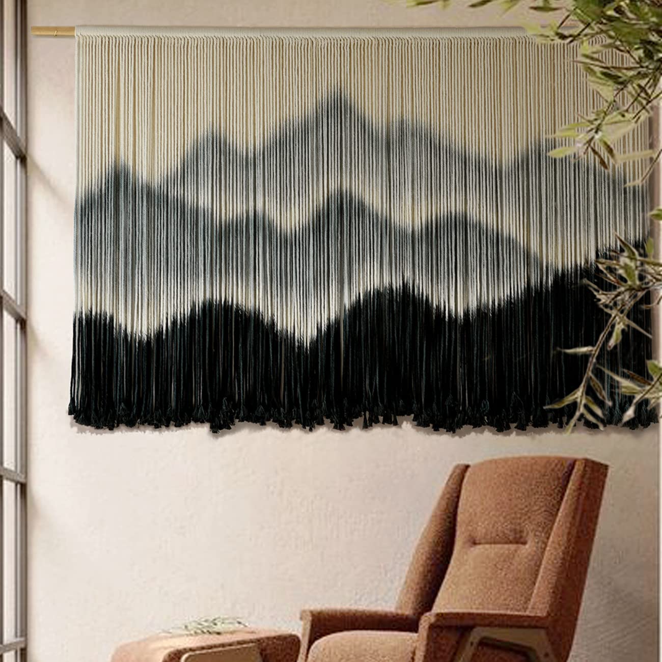 Handmade Macrame Wall Hanging - Boho Mountain Design Dip-Dyed Fiber Art - Large 57