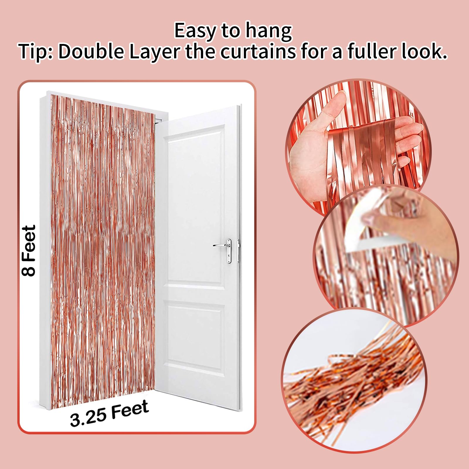 3 Pack Rose Gold Metallic Foil Fringe Curtains & Tinsel Streamers - Elegant Party Decor for Bachelorette, Birthday, Graduation & Baby Shower - Perfect for Photo Backdrops, Wall Decor & Event Styling