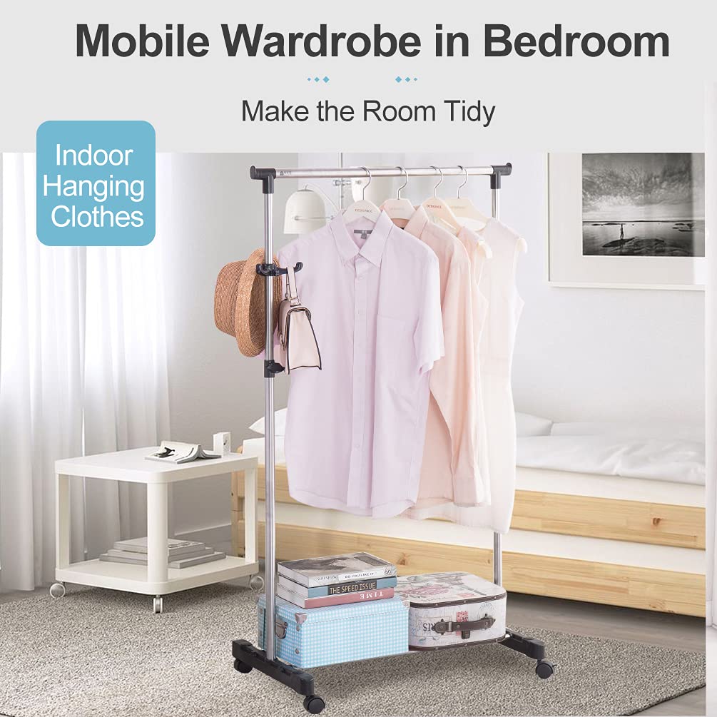 BAOYOUNI Adjustable Rolling Coat Rack with Wheels - Heavy Duty Metal Garment Rack for Clothes, Hats, Purses & Accessories - Mobile Clothing Organizer & Display Stand (Black) - Perfect for Retail Stores, Boutiques, Bedrooms & Closet Organization