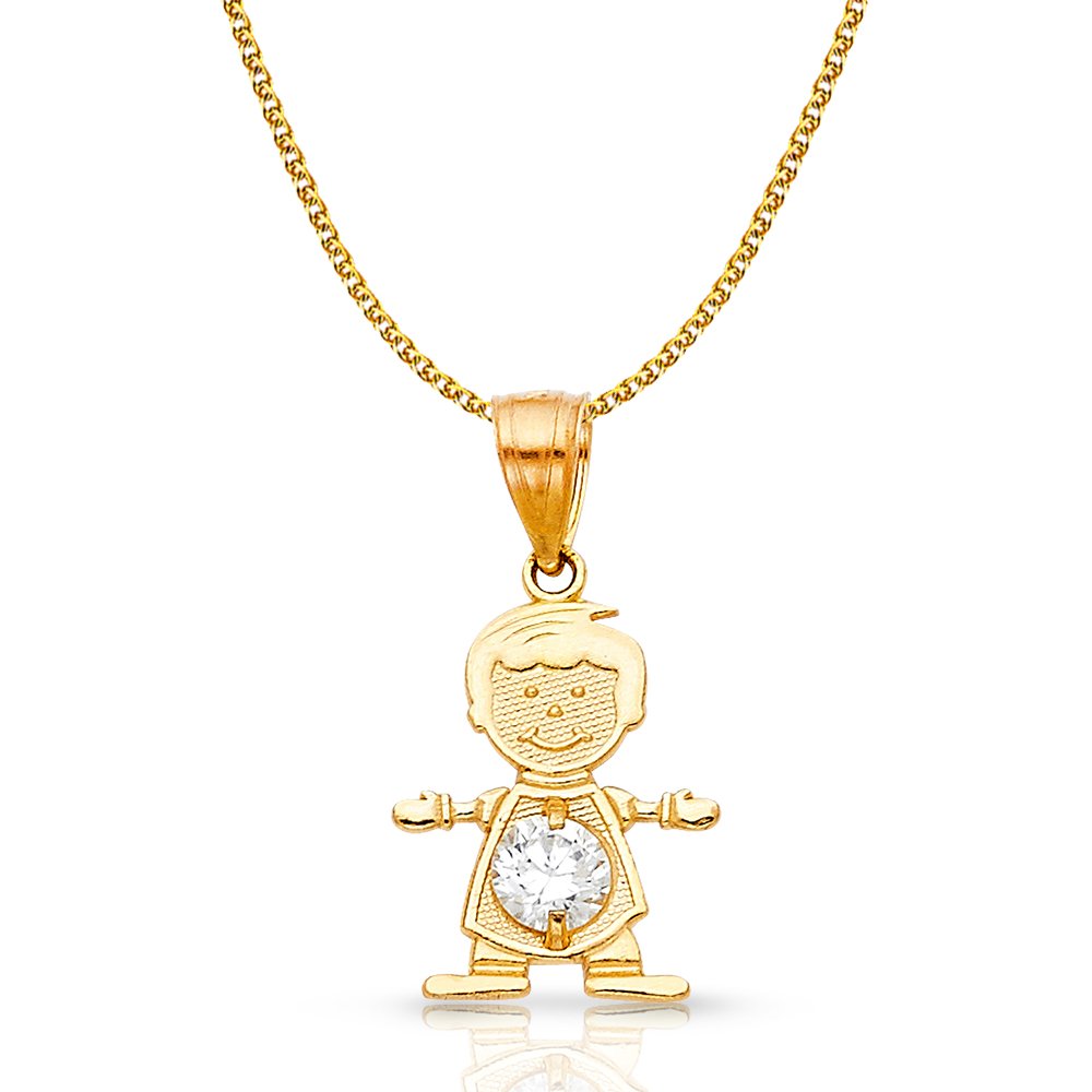 14K Yellow Gold April Birthstone Cubic Zirconia CZ Boy Charm Pendant Necklace with 1.2mm Flat Wheat Chain - Perfect Gift for Mother's Day, Baby Shower & Birthday Jewelry