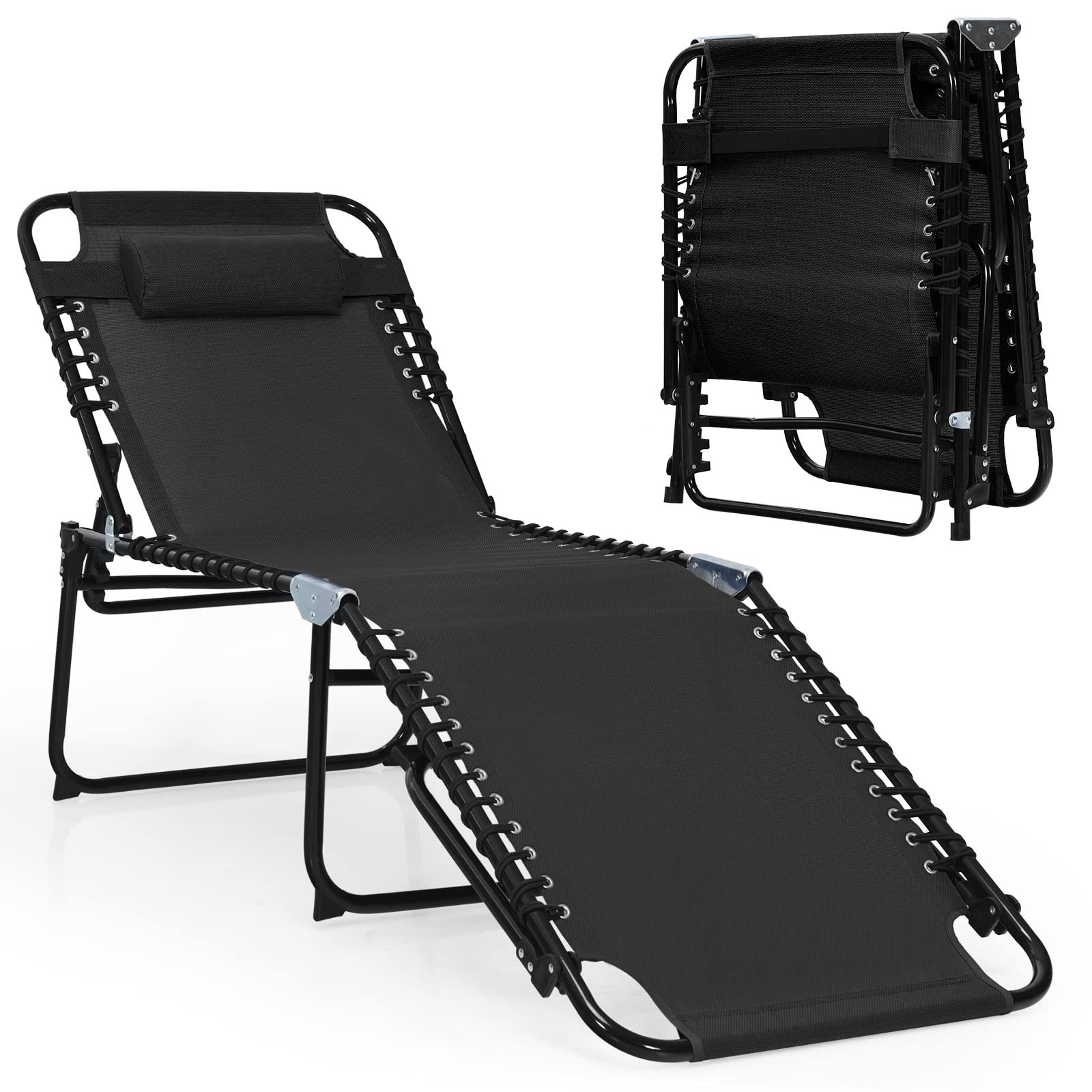 Giantex Folding Chaise Lounge Chair for Outdoor - Adjustable Recliner with Removable Headrest, 4-Position Sunbathing Chair for Patio, Poolside, Beach, Camping & Backyard Relaxation (Black) - Perfect for Sunbathing, Lounging by the Pool, and Outdoor Leisure Activities