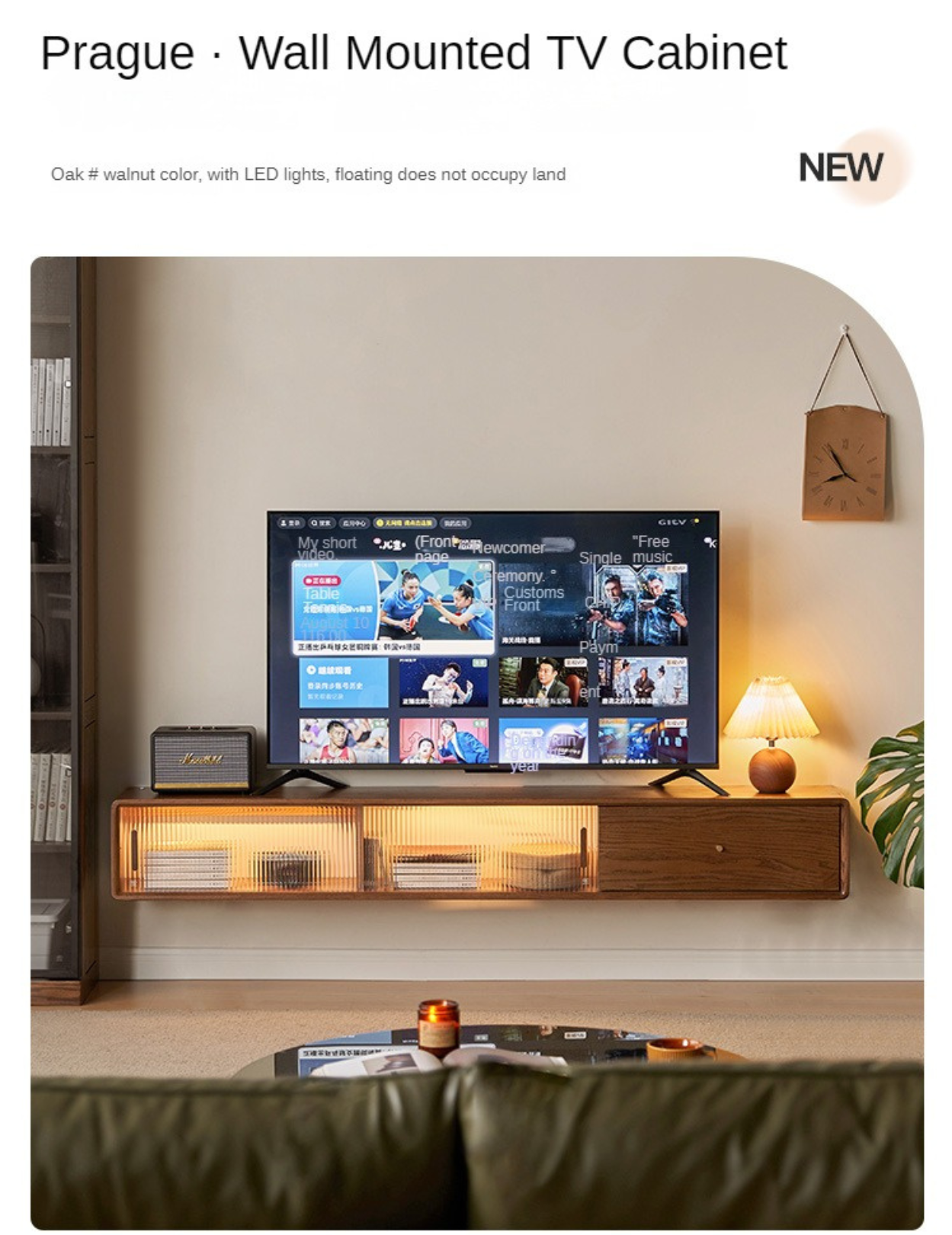Solid Oak Wood Floating Glass Sliding Door TV Stand - Modern Entertainment Center for Living Room & Home Theater