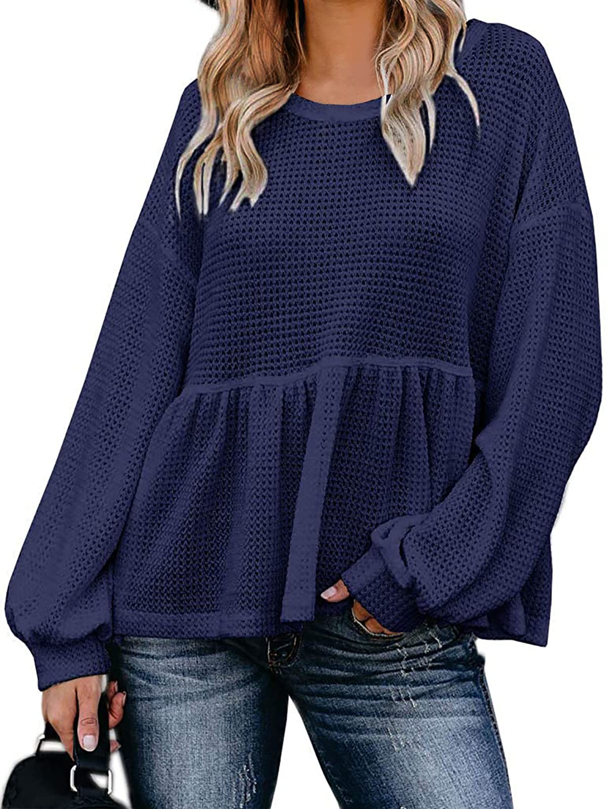 Women's Waffle Knit Long Sleeve Peplum Blouse with Ruffled Layered Hem - Casual Fall Tops for Work, Date Night & Layered Outfits