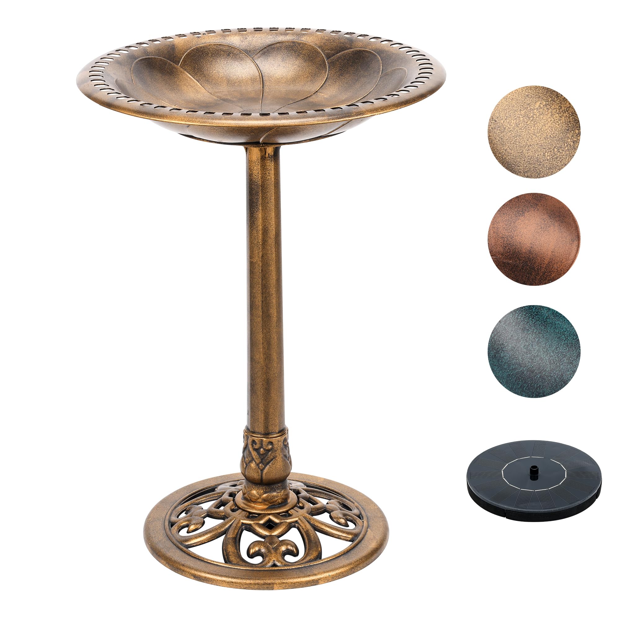 28 Inch High Polyresin Vintage Bird Bath with Solar Powered Fountain - Outdoor Gold Garden Decor for Birds and Wildlife - Perfect for Backyard, Patio, and Garden Landscaping