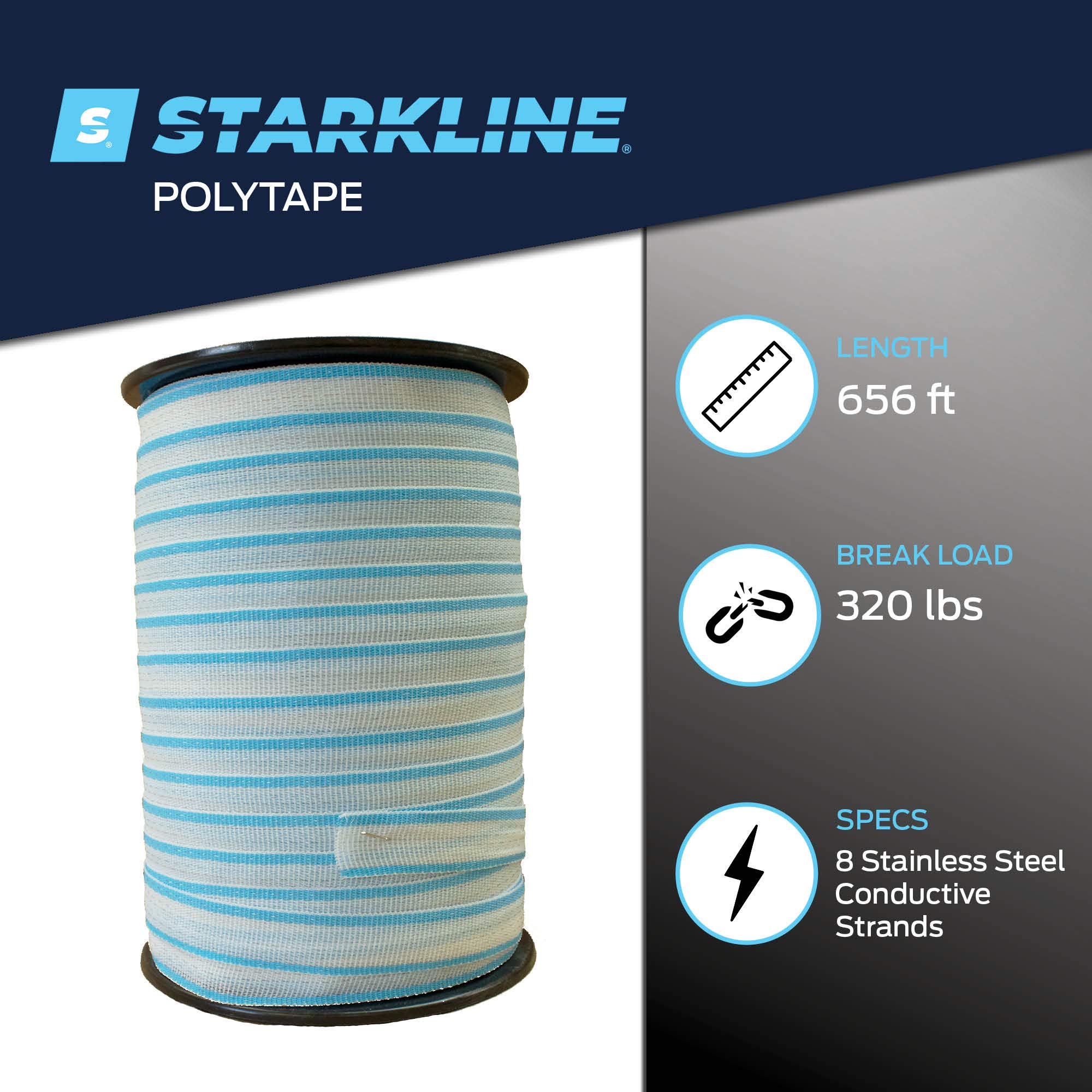Starkline 1 Inch Electric Fence Polytape 656 Feet - White/Blue Horse & Livestock Electric Fencing for Pasture, Farm, and Equine Safety | Durable, High Visibility Barrier for Animals