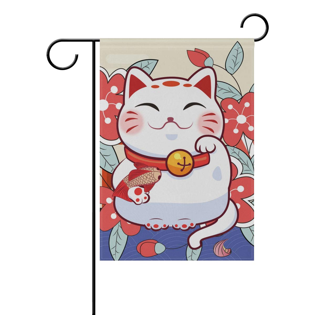 Premium Double-Sided Japanese Style Lucky Cat Garden Flag - Blooming Flower & Carp Design, Weather Resistant, Double Stitched (12x18 Inch) - Perfect for Outdoor Decor, Patio, Yard & Garden