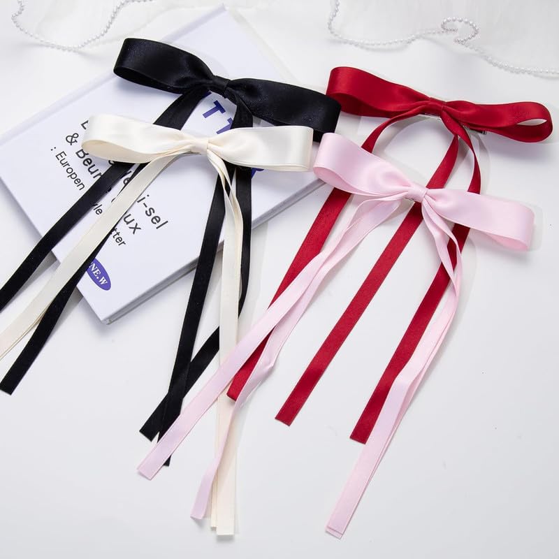 FAMEZA 4 PCS Long Tail Ribbon Hair Clips with Bowknot - Women's Fashion Hair Accessories for Ponytails, Braids & Updos (Multicolor)
