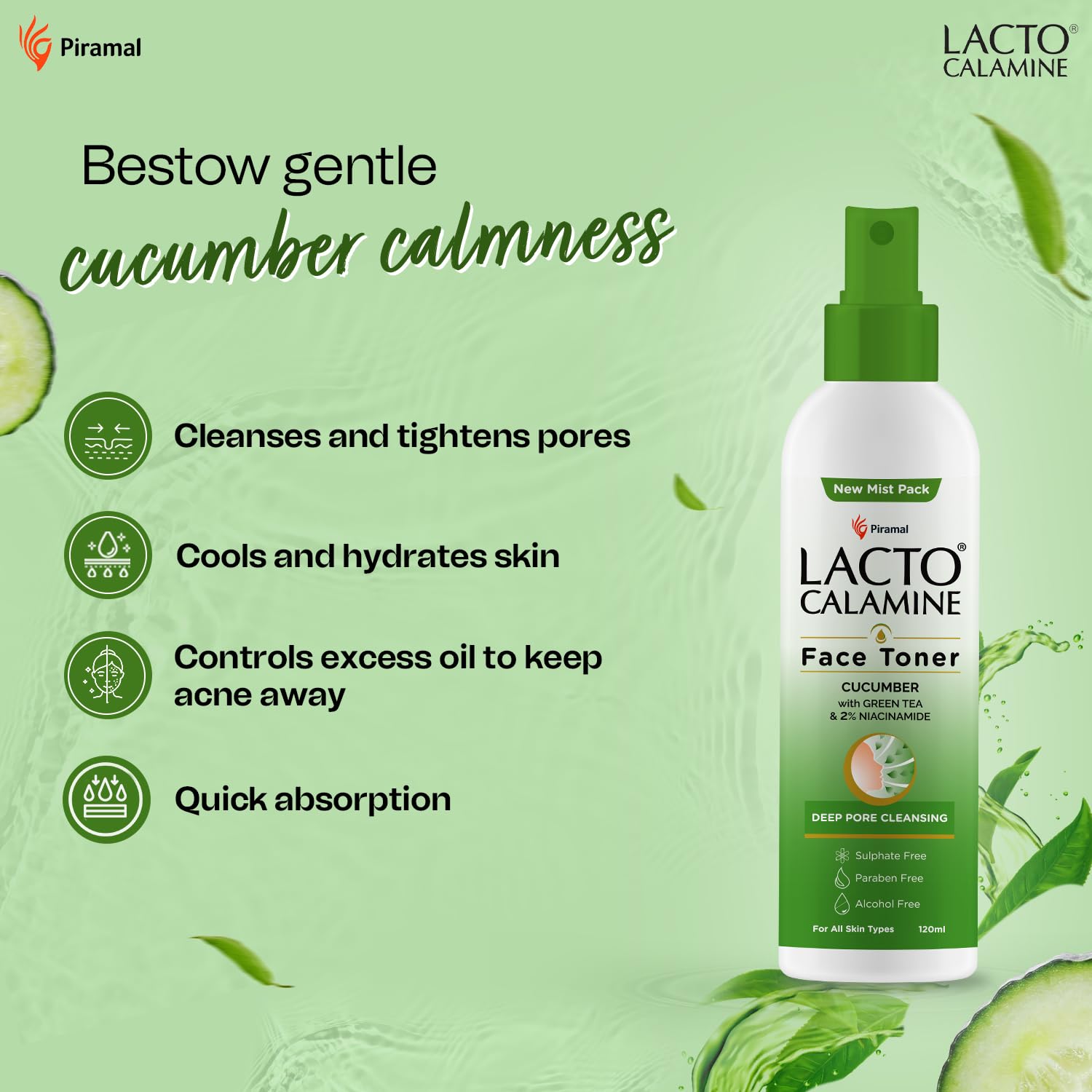Lacto Calamine Face Toner with Cucumber & Green Tea | 3-Pack (120ml Each) | Deep Pore Cleansing, Tightening & Hydration | 2% Niacinamide for Glowing Skin | Sulfate, Alcohol & Paraben Free | Perfect for Daily Skincare & Post-Workout Refreshment