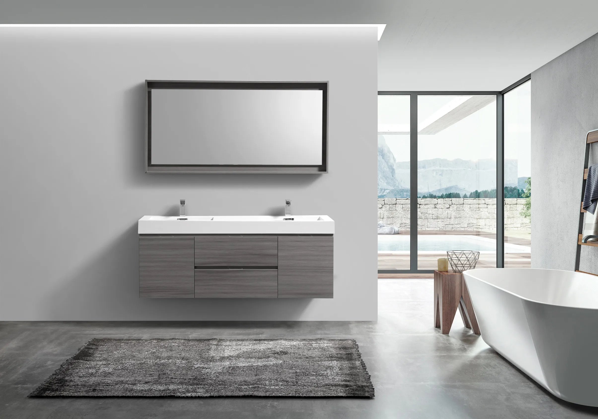 BSL60 Vulcan Ash Grey Double Sink Wall Mount Bathroom Vanity - Modern Space Saving Design for Small Bathrooms & Powder Rooms