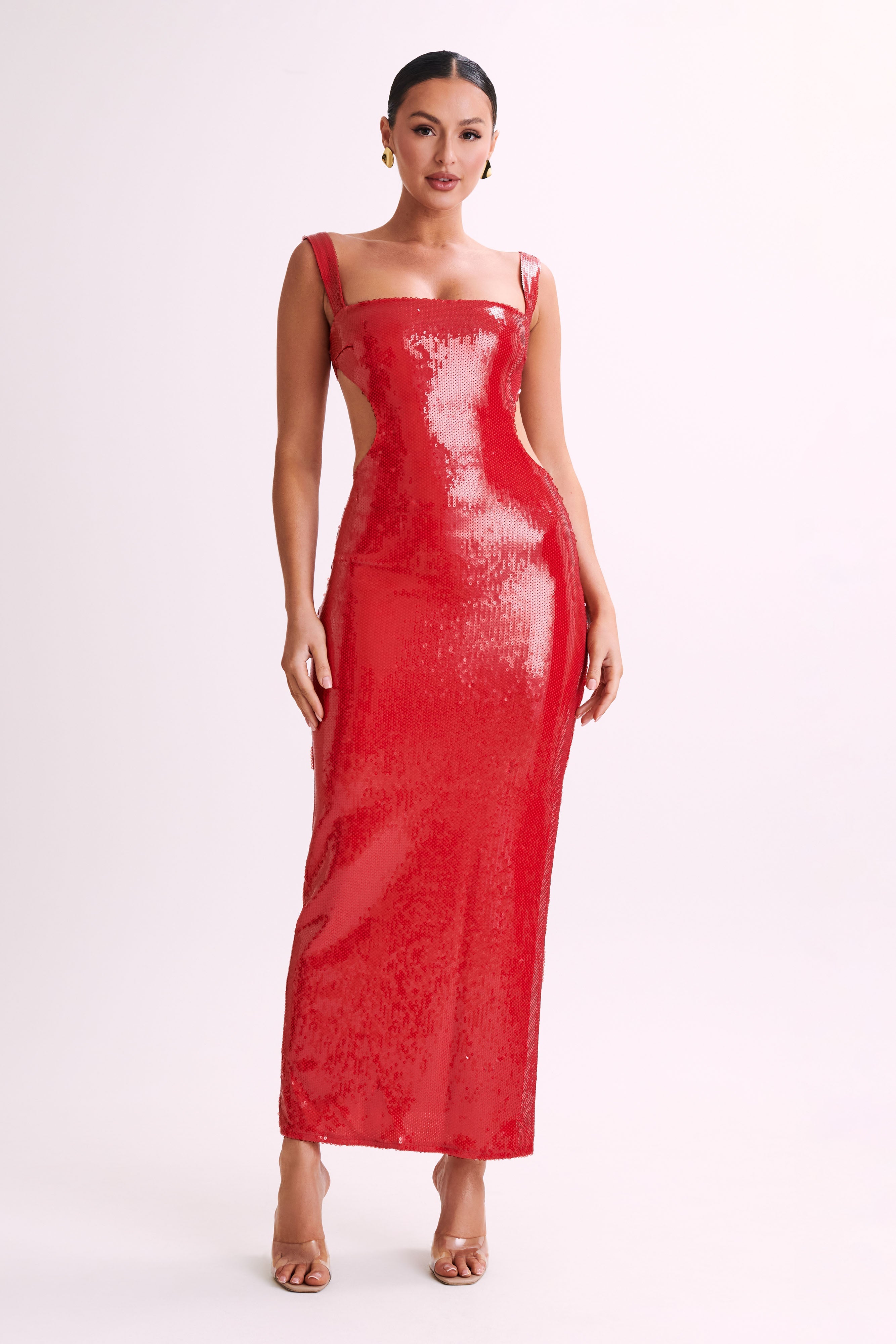Adoria Sequin Cut Out Maxi Dress for Women - Elegant Red Evening Gown for Parties, Prom, and Special Occasions