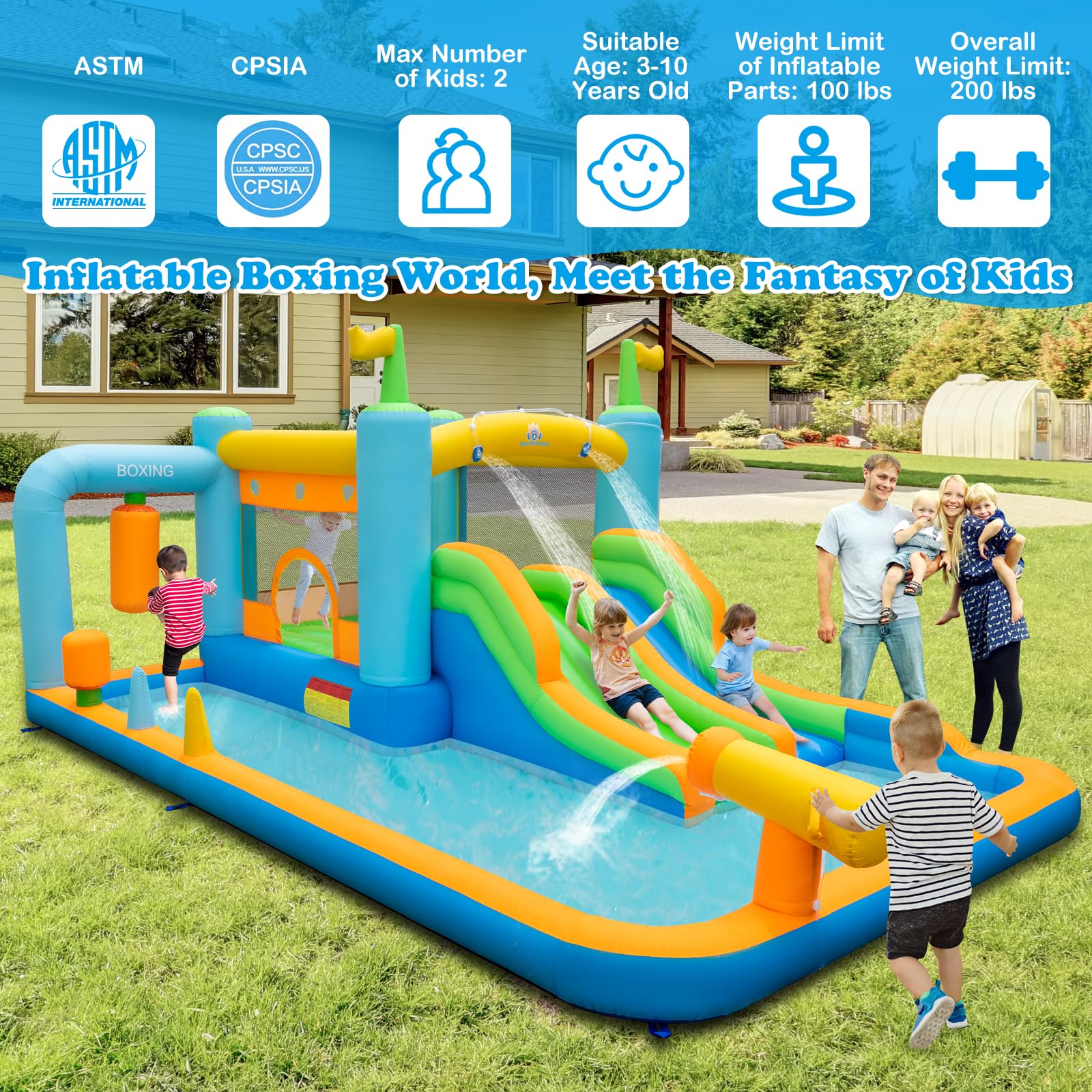 BOUNTECH Inflatable Water Slide - Boxing Theme Double Waterslide Bounce House for Kids, Blow Up Jump Castle for Boys & Girls Outdoor Birthday Party | Backyard Summer Fun, Pool Party Games, Water Play Activities